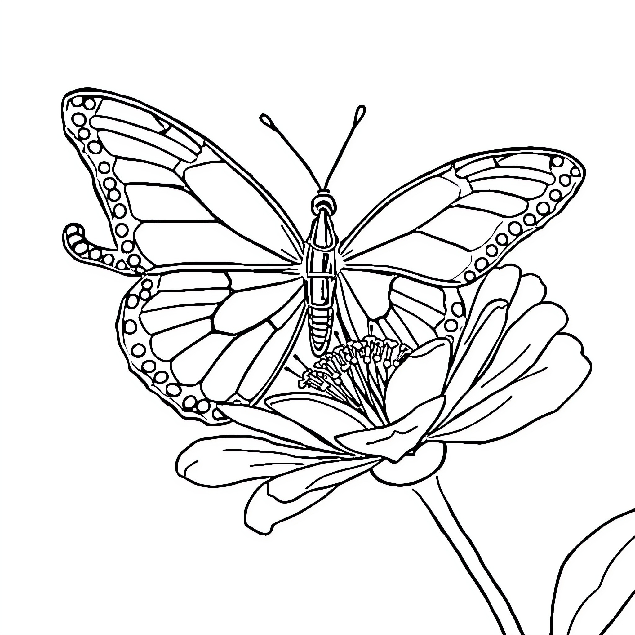 Butterfly resting on a flower Coloring Page (free black-and-white line drawing printable PDF for all, from beginners to advanced learners, including children, teens, adults, and seniors)