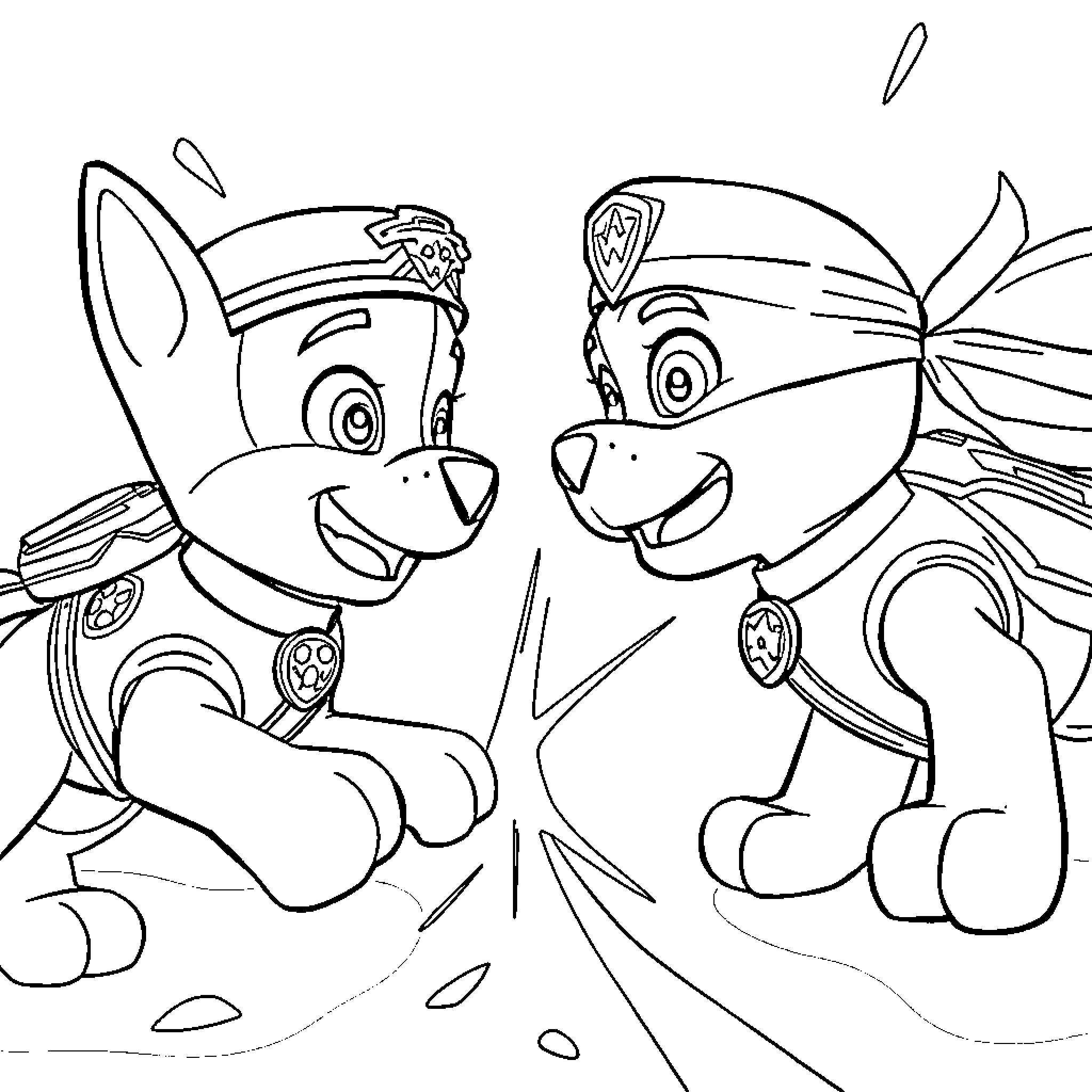 Chase of Paw Patrol Characters in Action Coloring Page (free black-and-white line drawing printable PDF for all, from beginners to advanced learners, including children, teens, adults, and seniors)