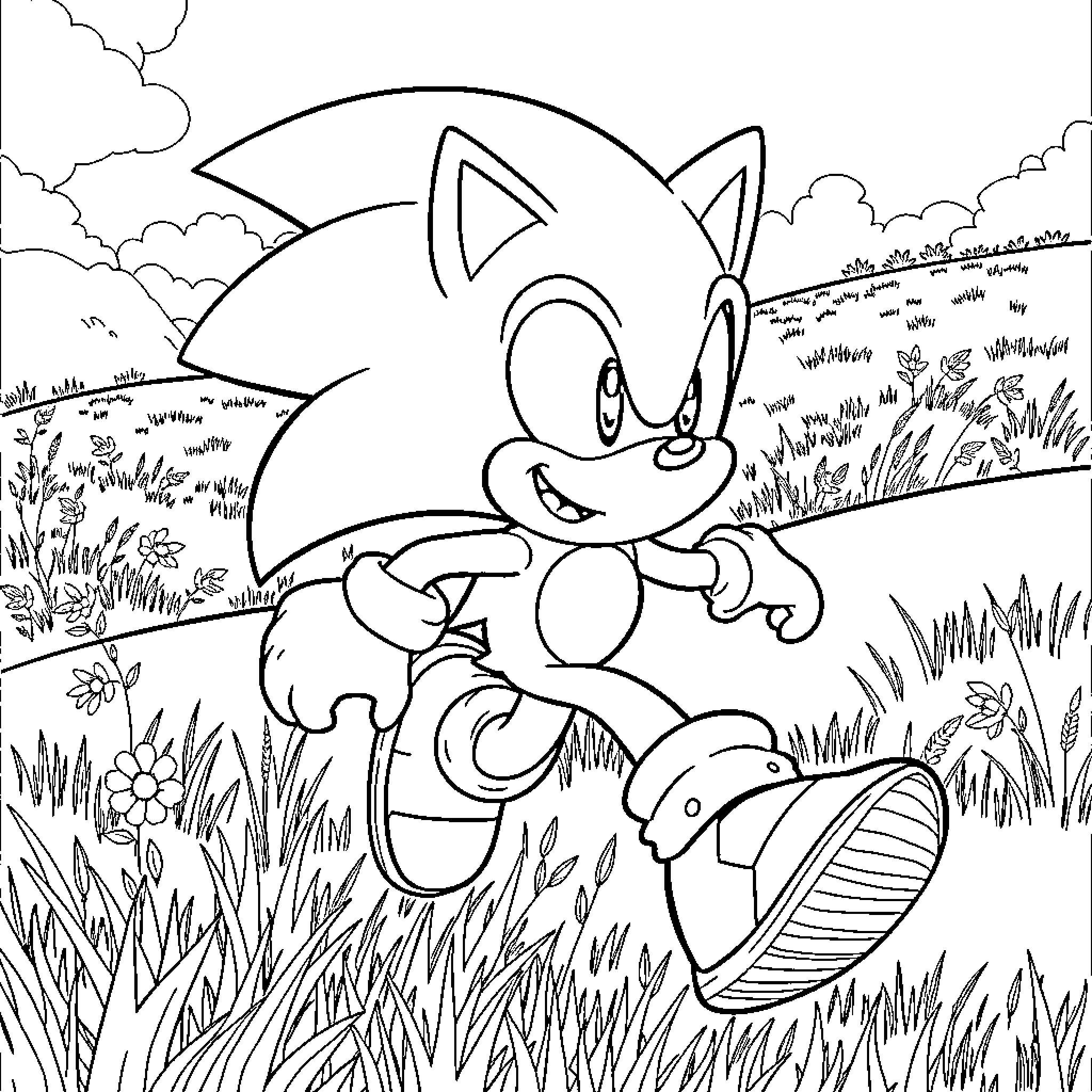 Sonic the Hedgehog running through a grassy field Coloring Page (free black-and-white line drawing printable PDF for all, from beginners to advanced learners, including children, teens, adults, and seniors)