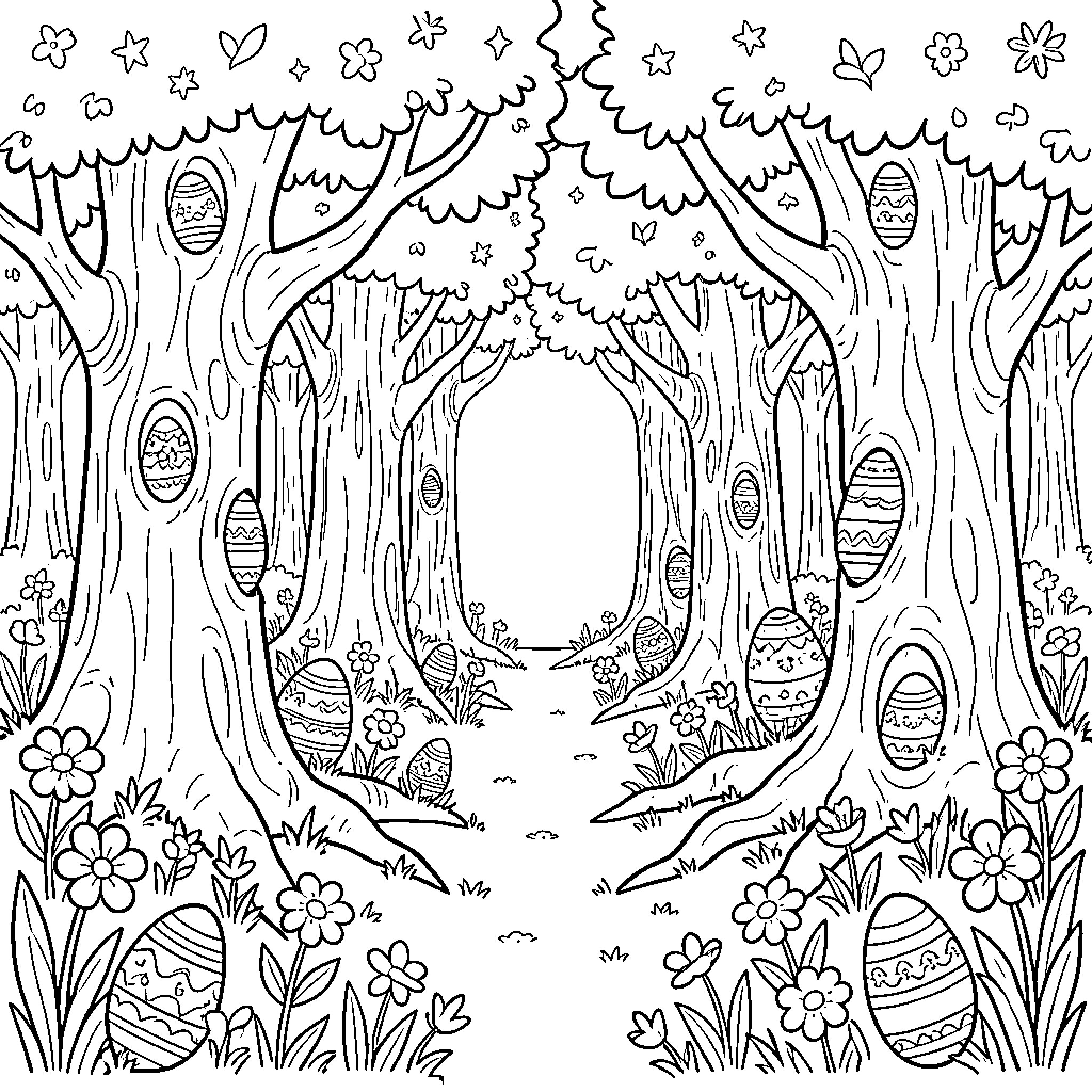 Easter Egg Forest Scene with Flowers and Wildlife Coloring Page (free black-and-white line drawing printable PDF for all, from beginners to advanced learners, including children, teens, adults, and seniors)
