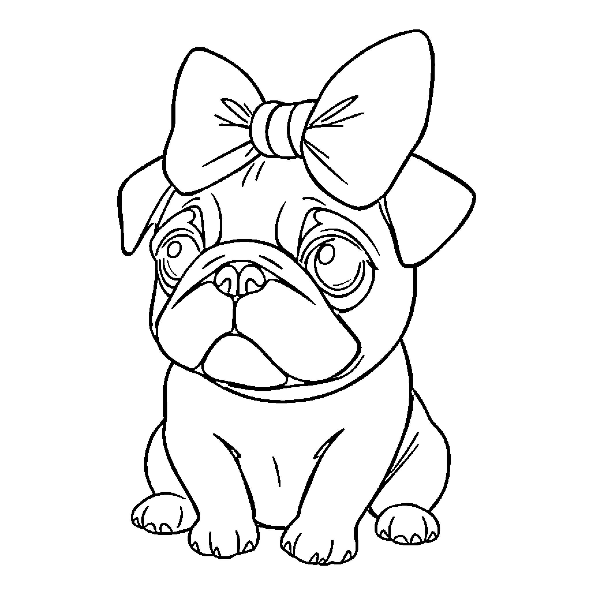 Pug wearing a bow and making a cute face Coloring Page (free black-and-white line drawing printable PDF for all, from beginners to advanced learners, including children, teens, adults, and seniors)