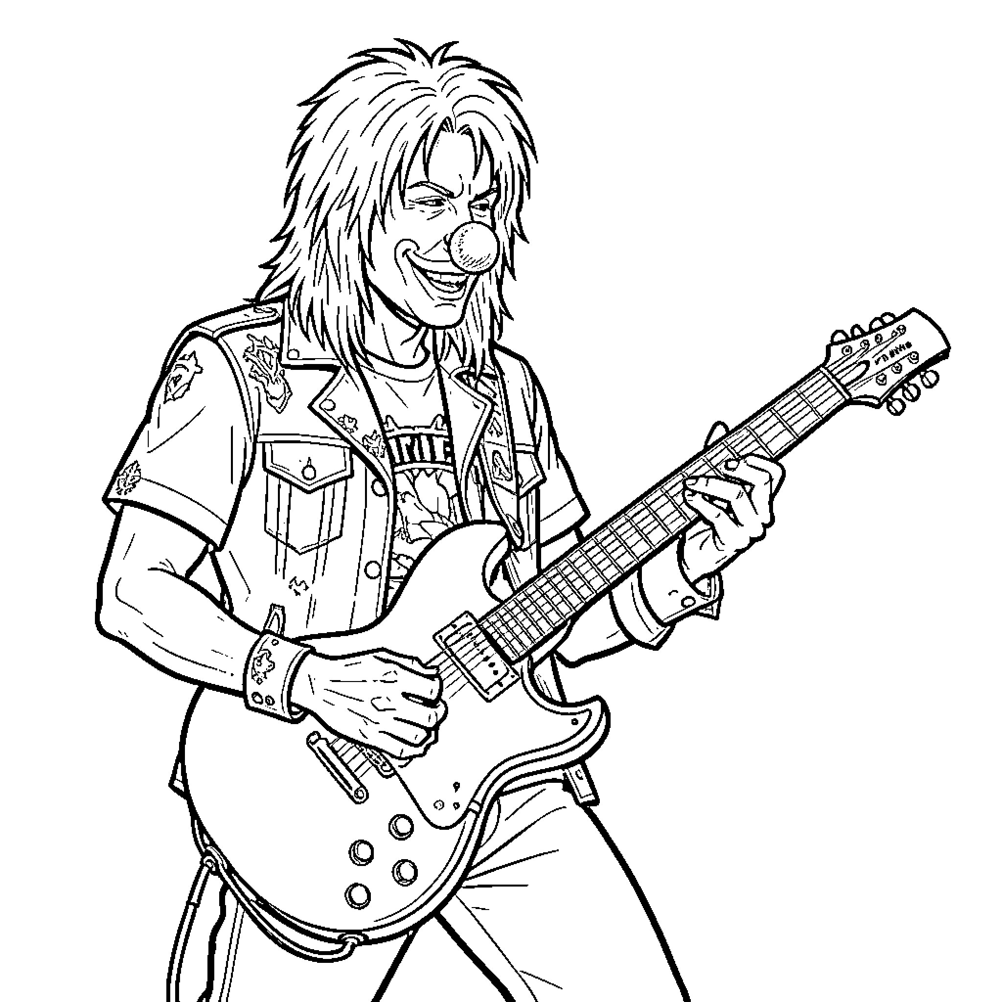 James Hetfield rocking out on his electric guitar Coloring Page (free black-and-white line drawing printable PDF for all, from beginners to advanced learners, including children, teens, adults, and seniors)
