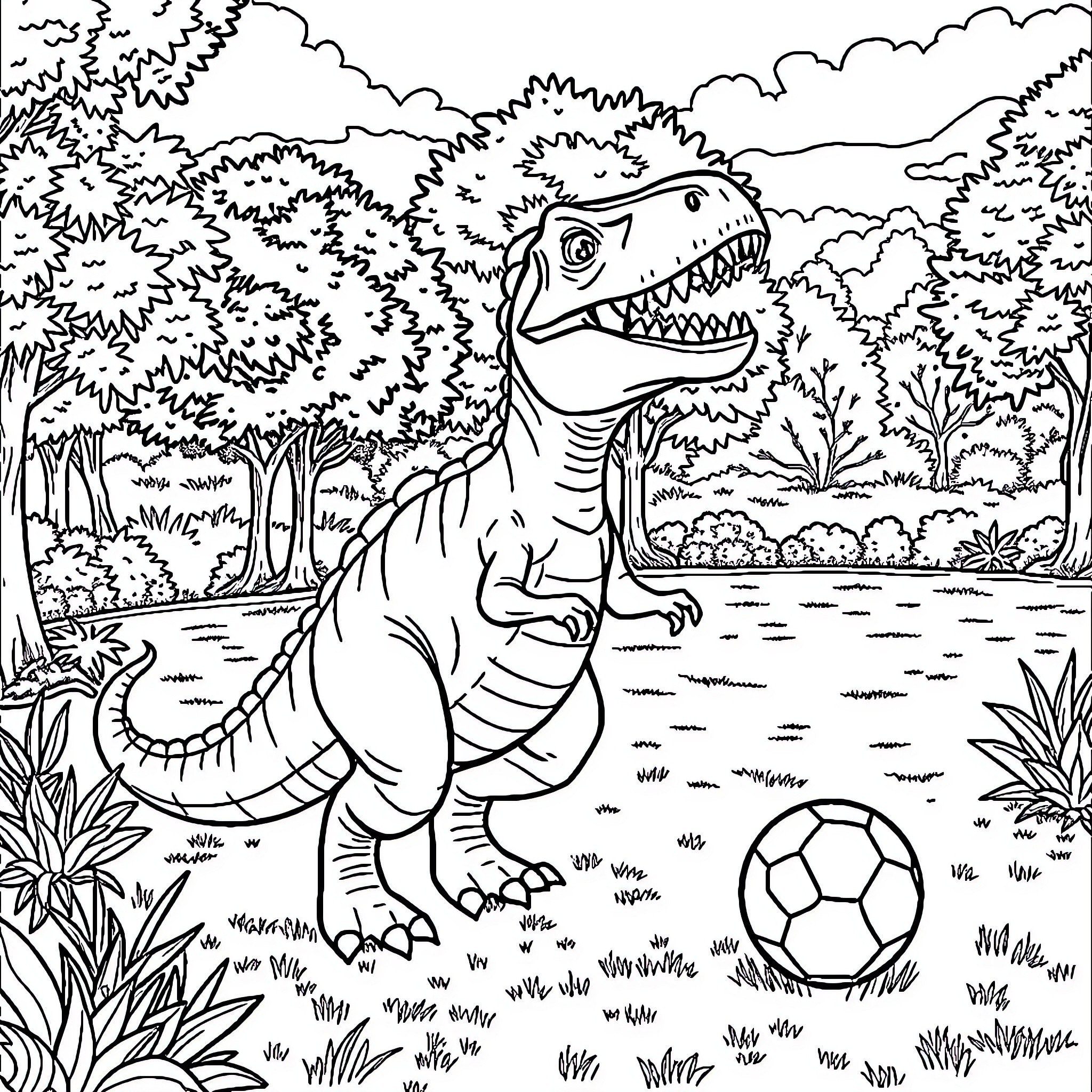 Dinosaur Playing with Ball in Lush Forest Coloring Page (free black-and-white line drawing printable PDF for all, from beginners to advanced learners, including children, teens, adults, and seniors)