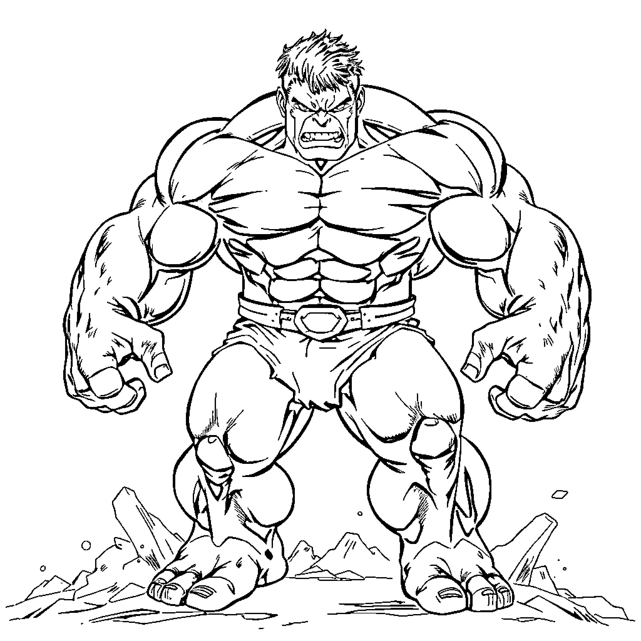 Hulk Crushing Rocks with Mighty Physique Coloring Page (free black-and-white line drawing printable PDF for all, from beginners to advanced learners, including children, teens, adults, and seniors)