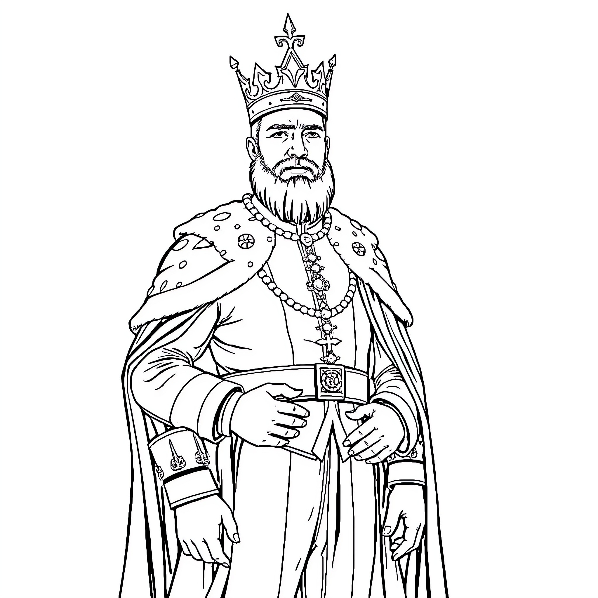 Arne, the Crowned King in Ceremonial Attire Coloring Page (free black-and-white line drawing printable PDF for all, from beginners to advanced learners, including children, teens, adults, and seniors)