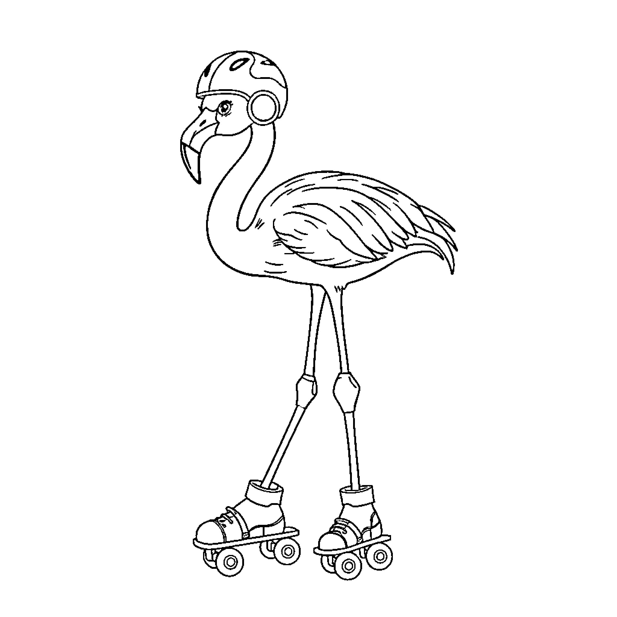 Flamingo roller skating with helmet Coloring Page (free black-and-white line drawing printable PDF for all, from beginners to advanced learners, including children, teens, adults, and seniors)