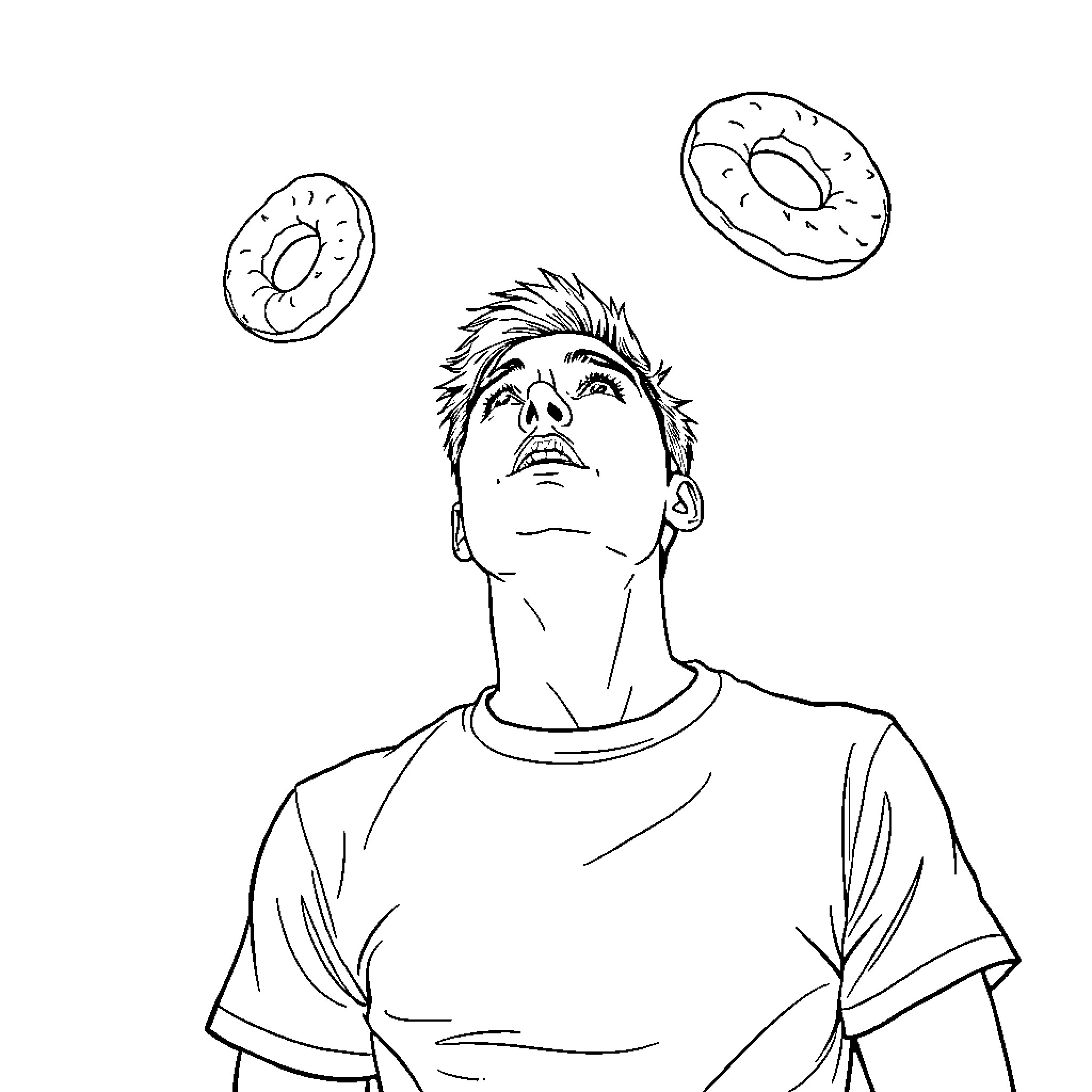 Man daydreaming about donuts in the sky Coloring Page (free black-and-white line drawing printable PDF for all, from beginners to advanced learners, including children, teens, adults, and seniors)