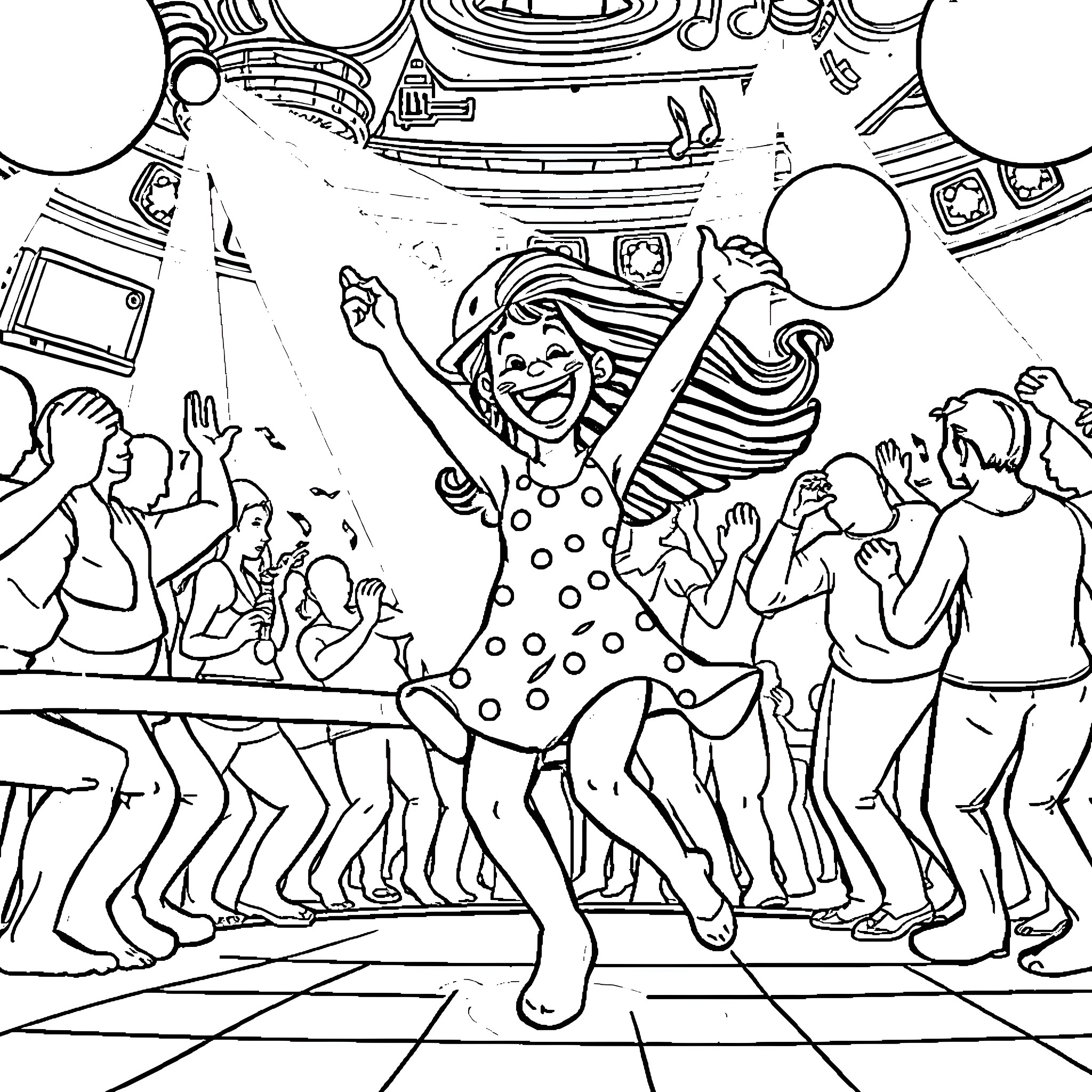 Lilo's Playful Performance at the Party Coloring Page (free black-and-white line drawing printable PDF for all, from beginners to advanced learners, including children, teens, adults, and seniors)