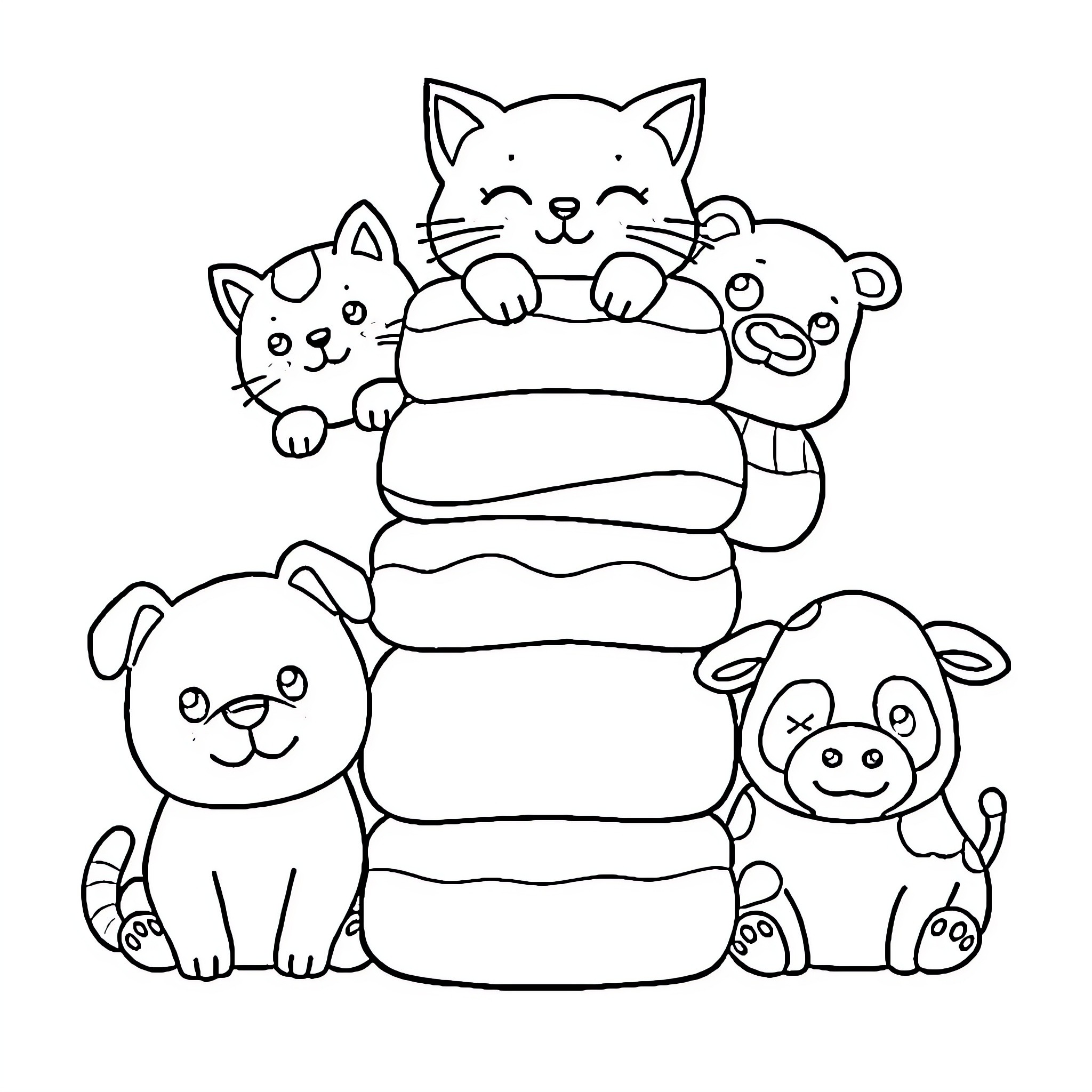 Squishmallow characters snuggling in a cozy stack Coloring Page (free black-and-white line drawing printable PDF for all, from beginners to advanced learners, including children, teens, adults, and seniors)