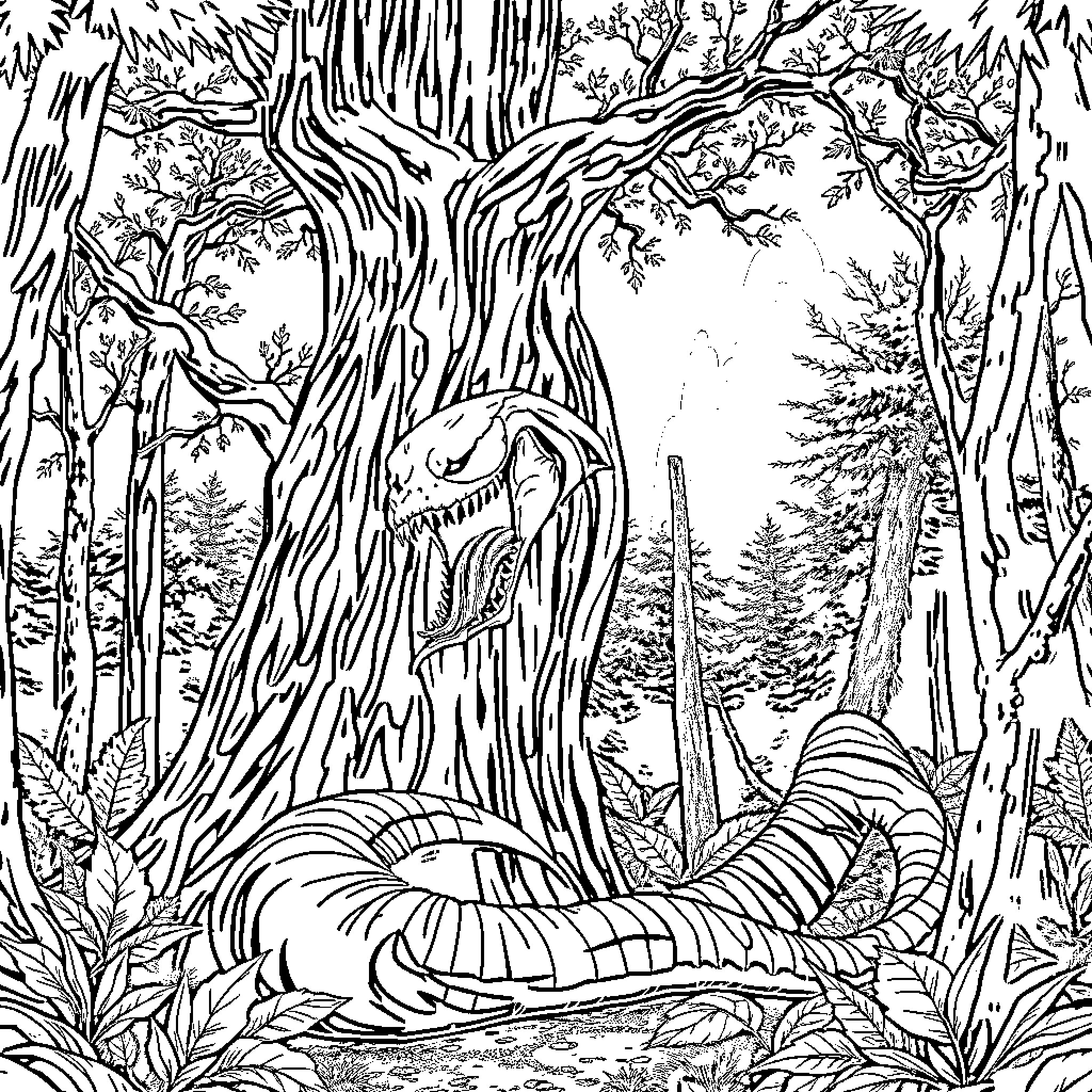 Venom's Lair in the Enchanted Forest Coloring Page (free black-and-white line drawing printable PDF for all, from beginners to advanced learners, including children, teens, adults, and seniors)