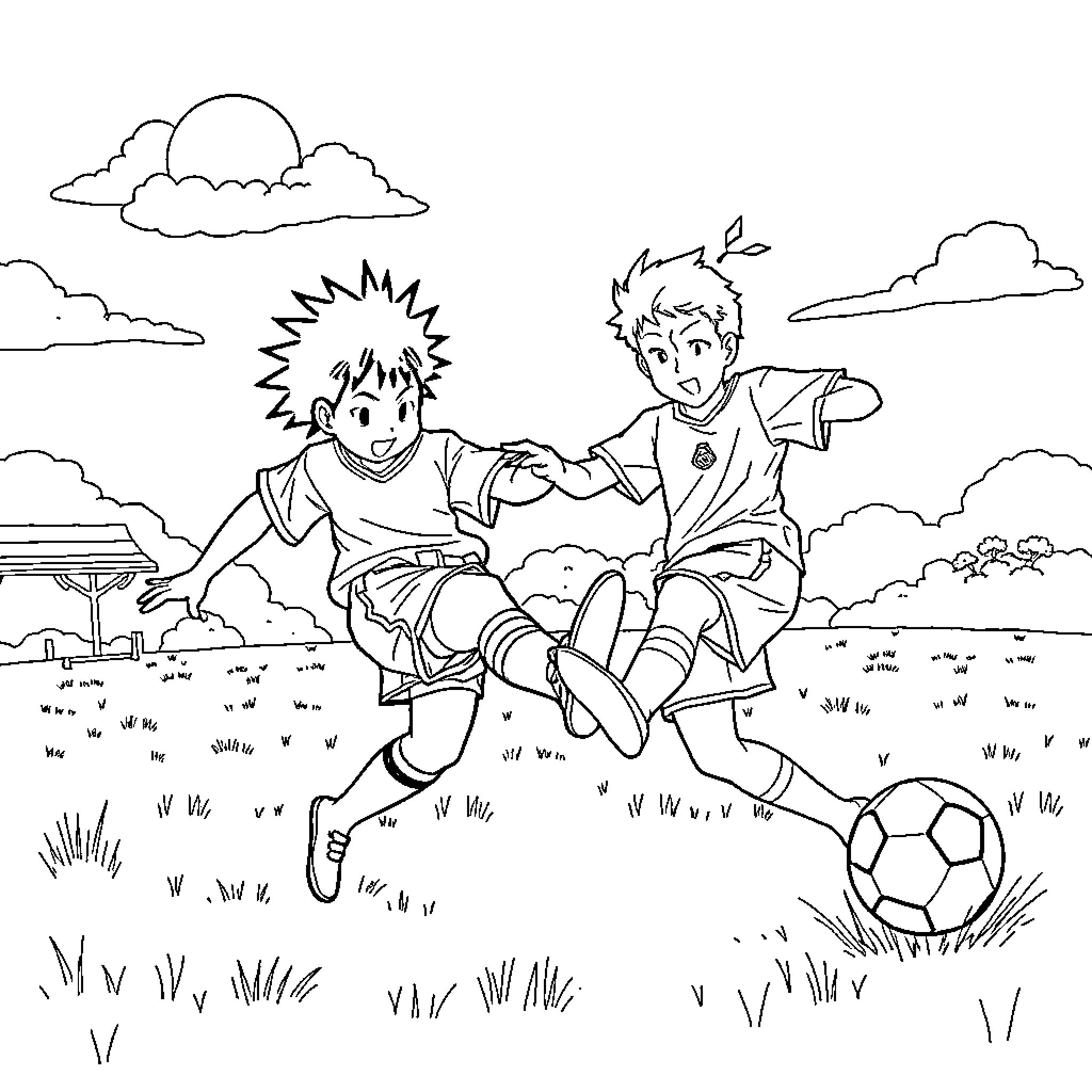 Kamado Tanjiro playing soccer with friends in the park Coloring Page (free black-and-white line drawing printable PDF for all, from beginners to advanced learners, including children, teens, adults, and seniors)