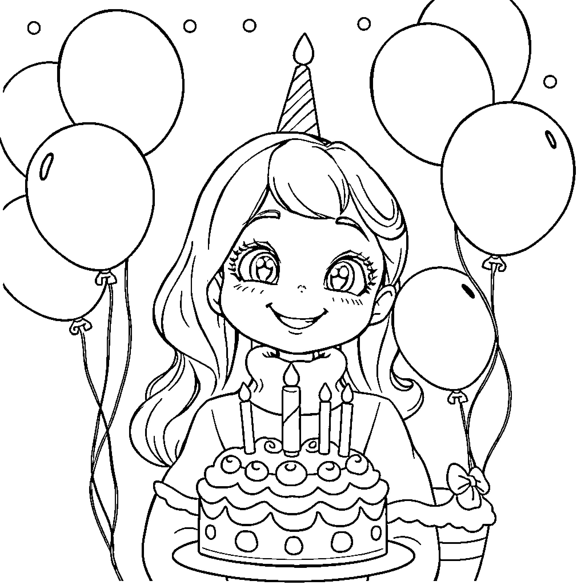 Kaylee's Birthday Party with Balloons and Cake Coloring Page (free black-and-white line drawing printable PDF for all, from beginners to advanced learners, including children, teens, adults, and seniors)
