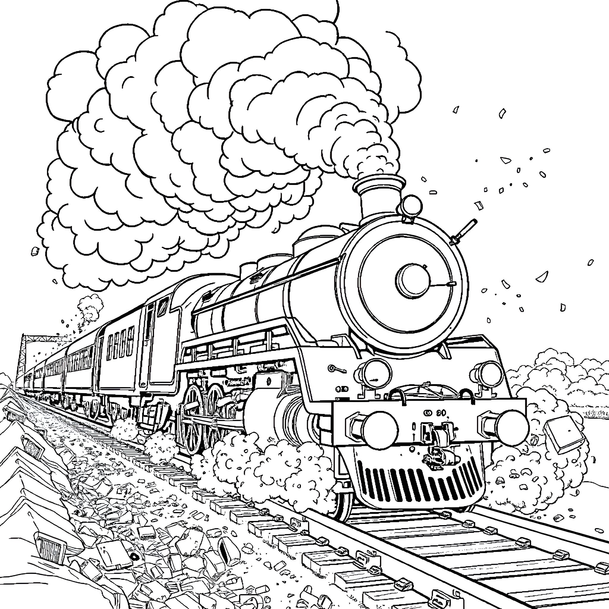 Train barreling down the tracks through the countryside Coloring Page (free black-and-white line drawing printable PDF for all, from beginners to advanced learners, including children, teens, adults, and seniors)