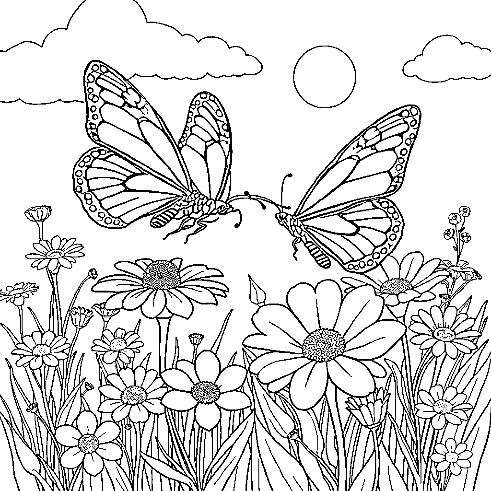 Butterflies Soaring Gracefully Above Blossoming Flowers Coloring Page (free black-and-white line drawing printable PDF for all, from beginners to advanced learners, including children, teens, adults, and seniors)