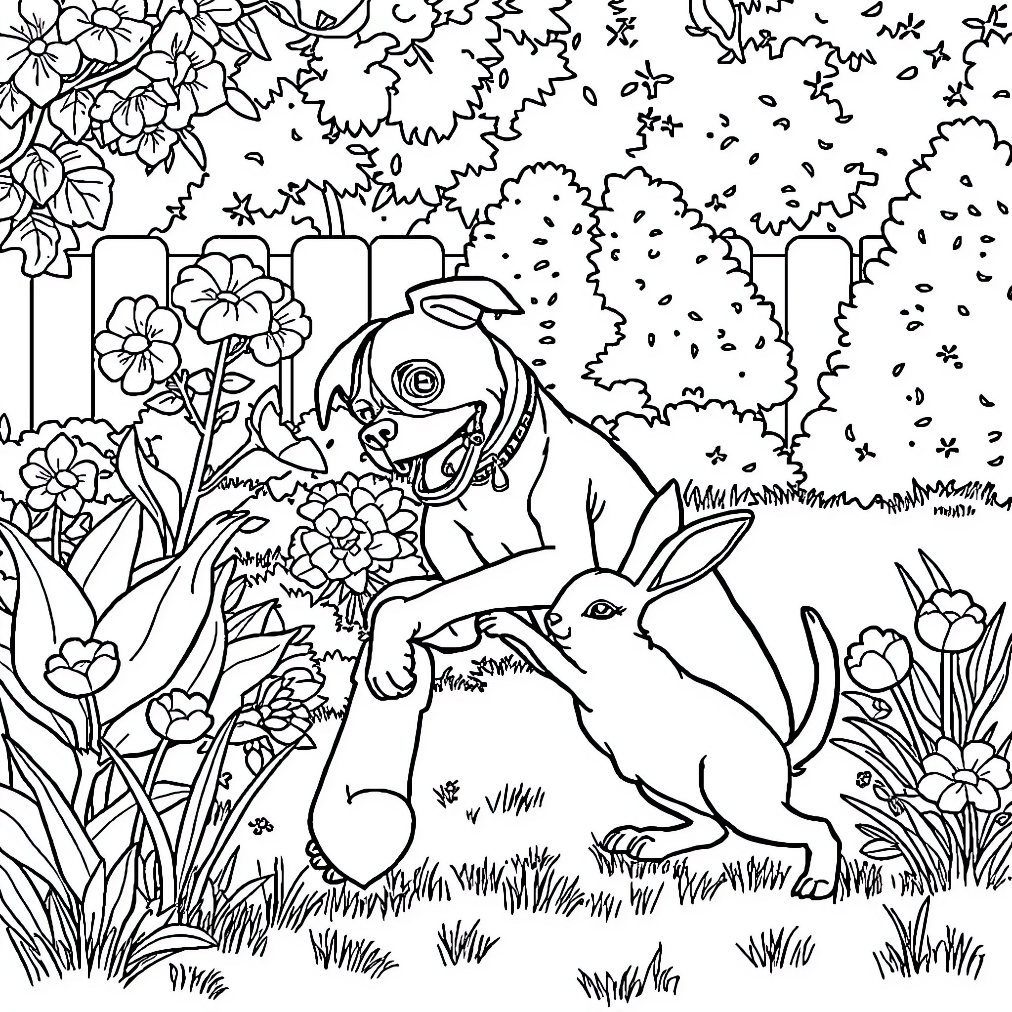 Dog playing happily with rabbit in garden Coloring Page (free black-and-white line drawing printable PDF for all, from beginners to advanced learners, including children, teens, adults, and seniors)
