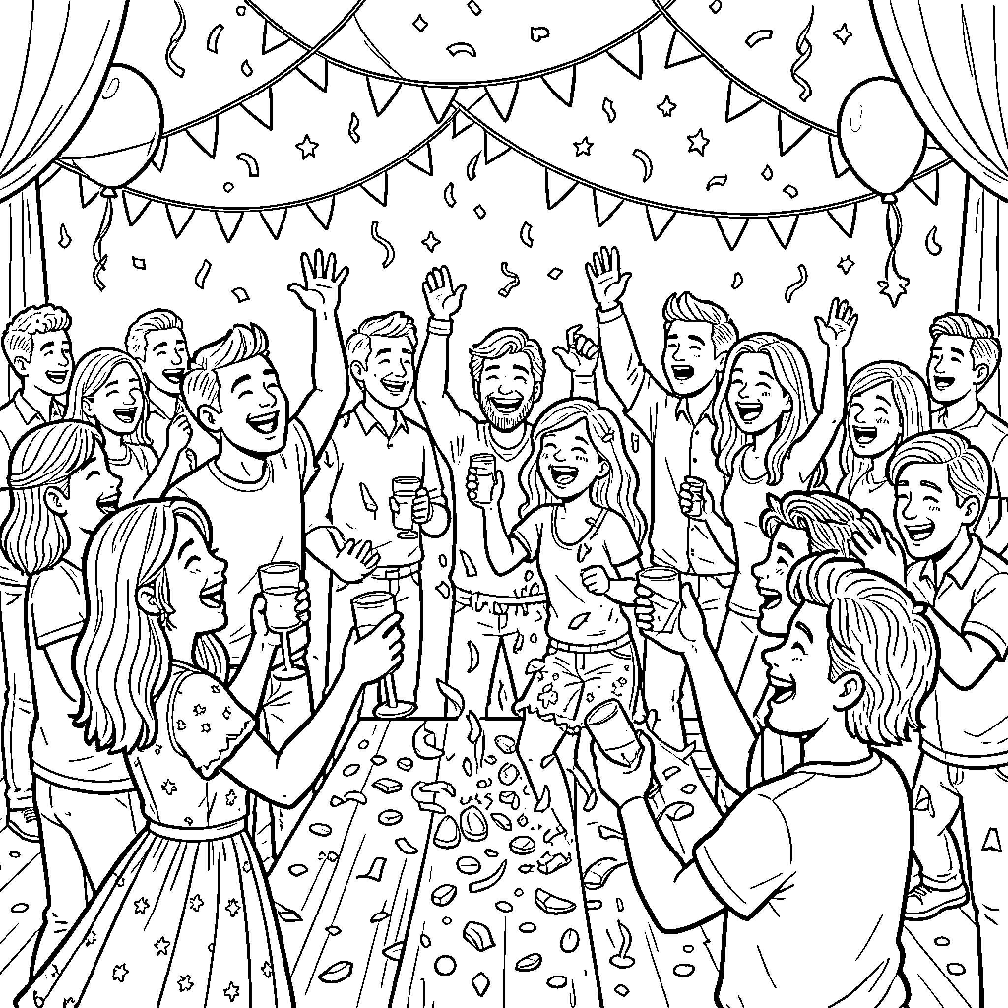 Party with lively expressions and festive decor Coloring Page (free black-and-white line drawing printable PDF for all, from beginners to advanced learners, including children, teens, adults, and seniors)