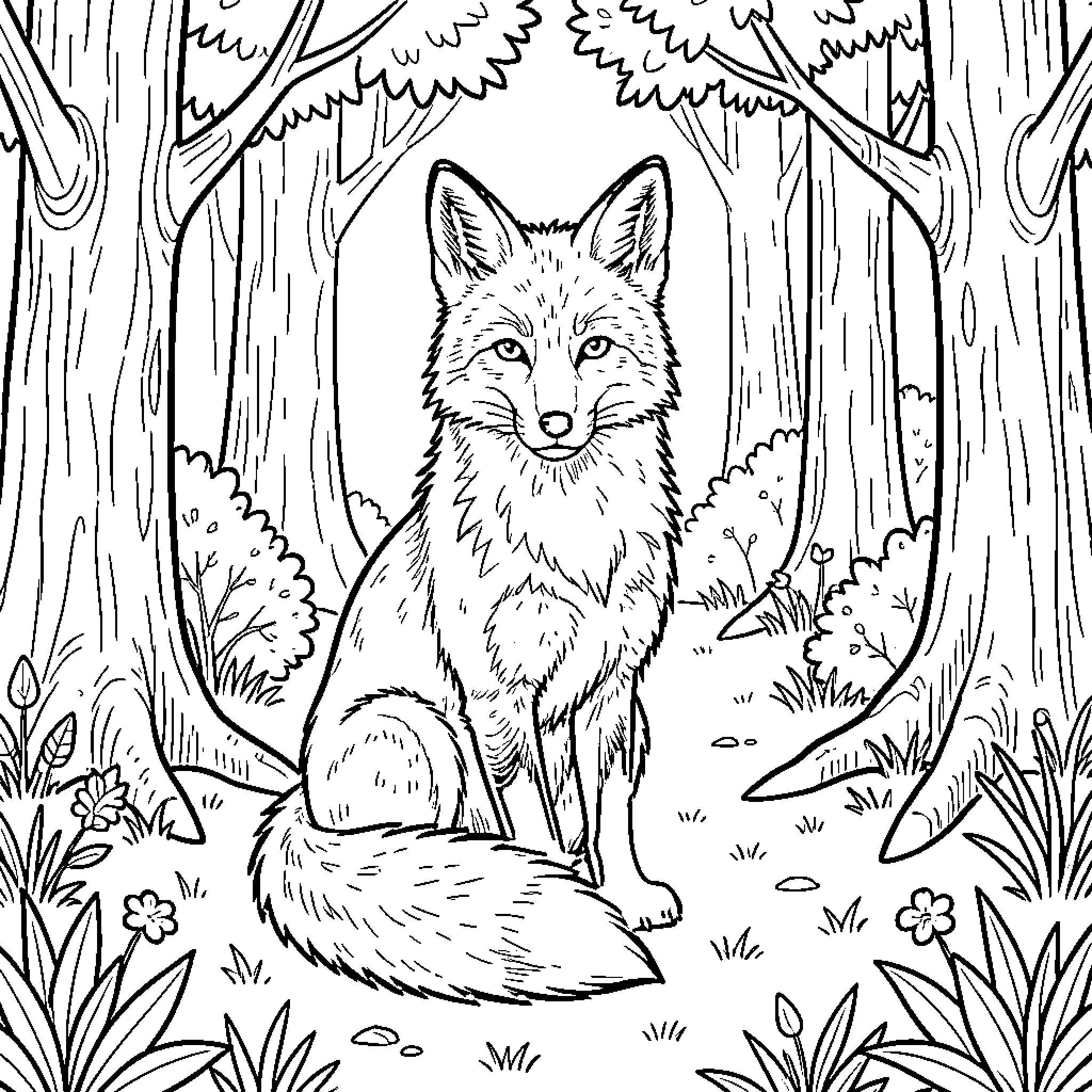 Fox sitting calmly in a lush forest Coloring Page (free black-and-white line drawing printable PDF for all, from beginners to advanced learners, including children, teens, adults, and seniors)