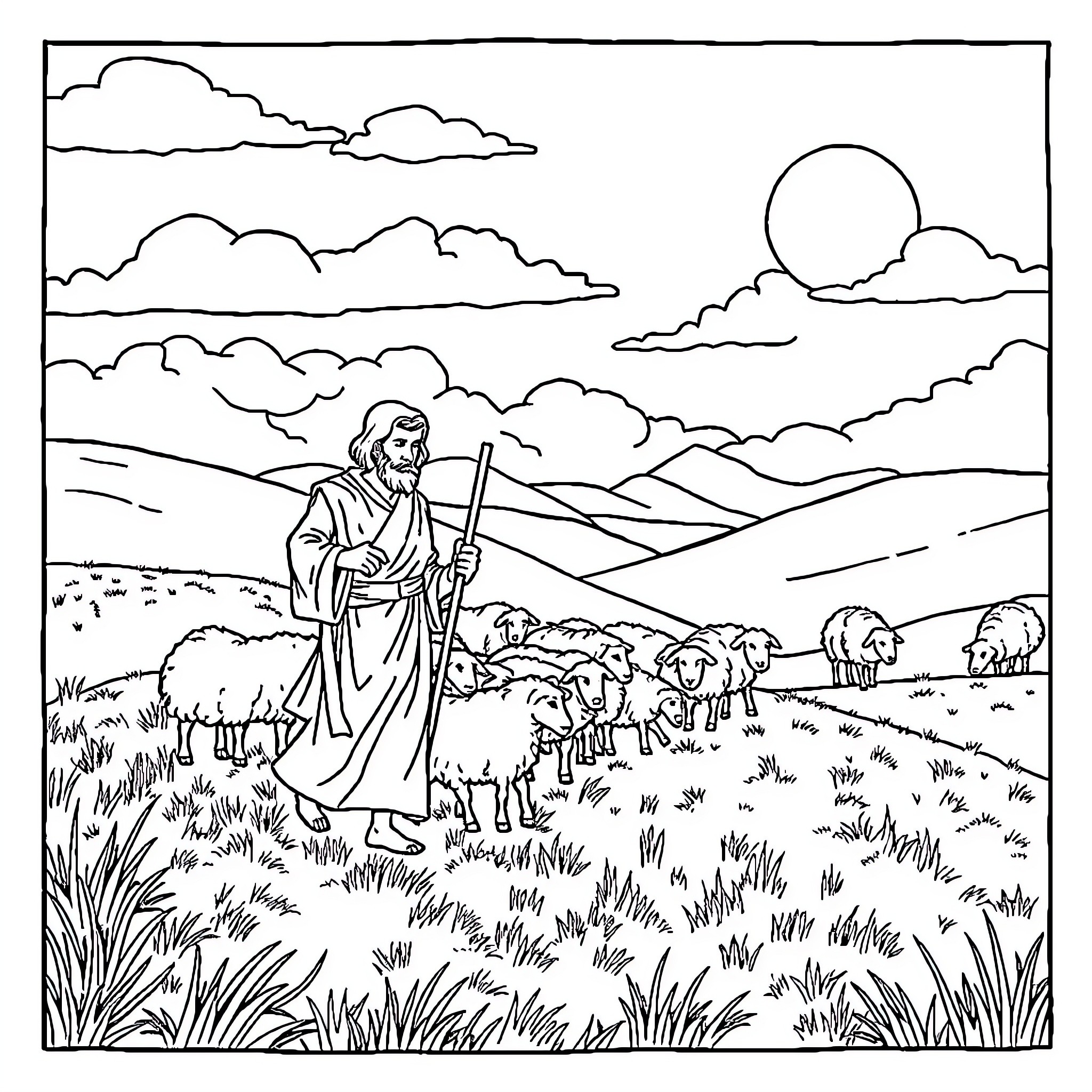 Shepherd tending to flock in pastoral landscape Coloring Page (free black-and-white line drawing printable PDF for all, from beginners to advanced learners, including children, teens, adults, and seniors)
