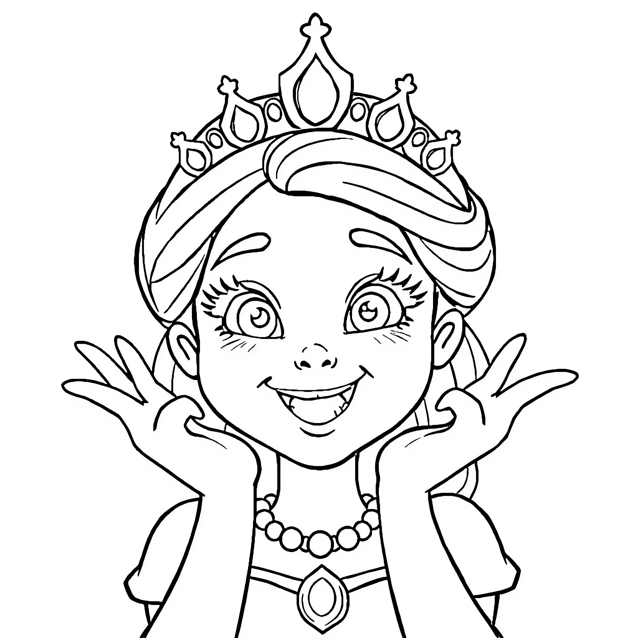 Princess Joyfully Waving with Crown Coloring Page (free black-and-white line drawing printable PDF for all, from beginners to advanced learners, including children, teens, adults, and seniors)