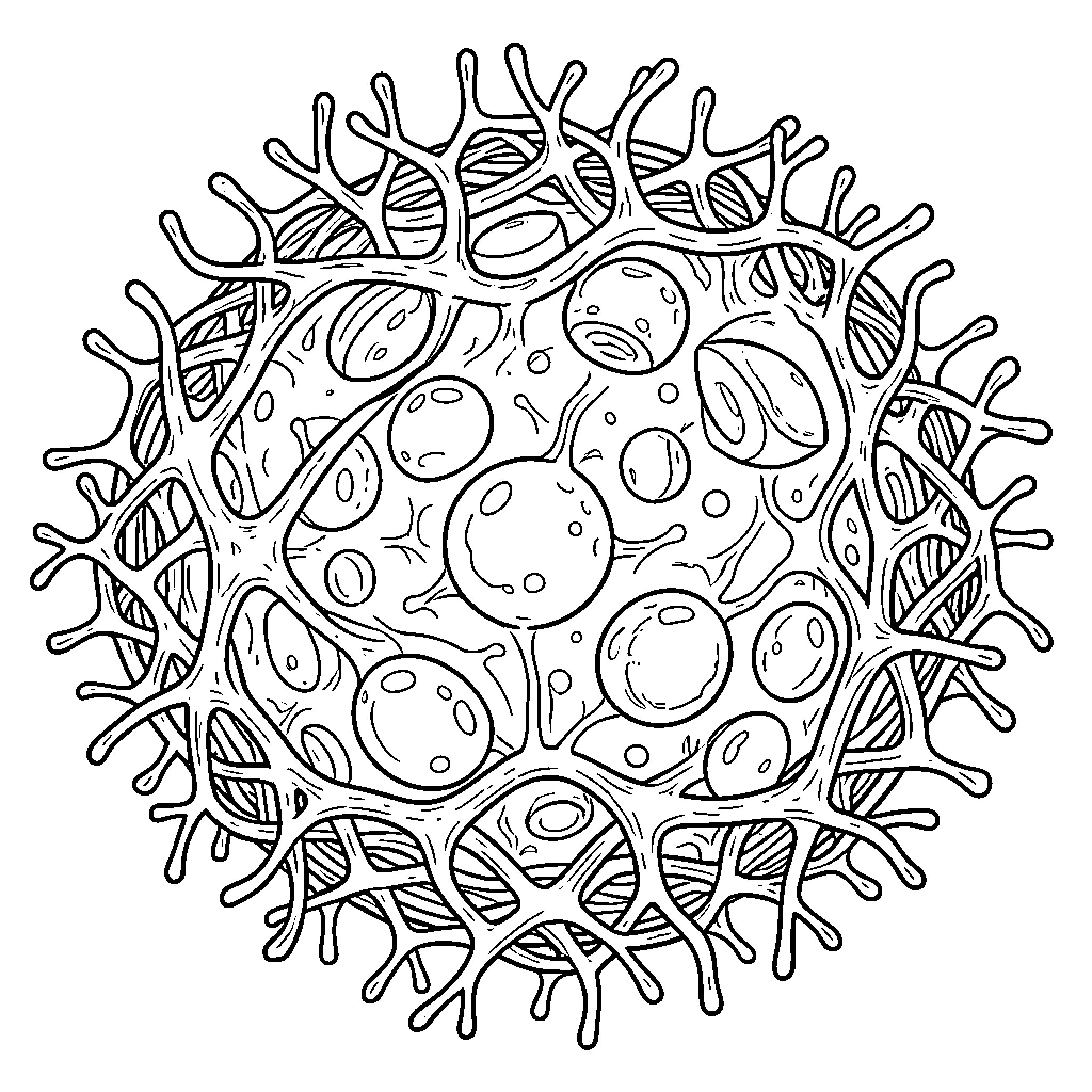Membrane structure with various internal organelles and projections Coloring Page (free black-and-white line drawing printable PDF for all, from beginners to advanced learners, including children, teens, adults, and seniors)