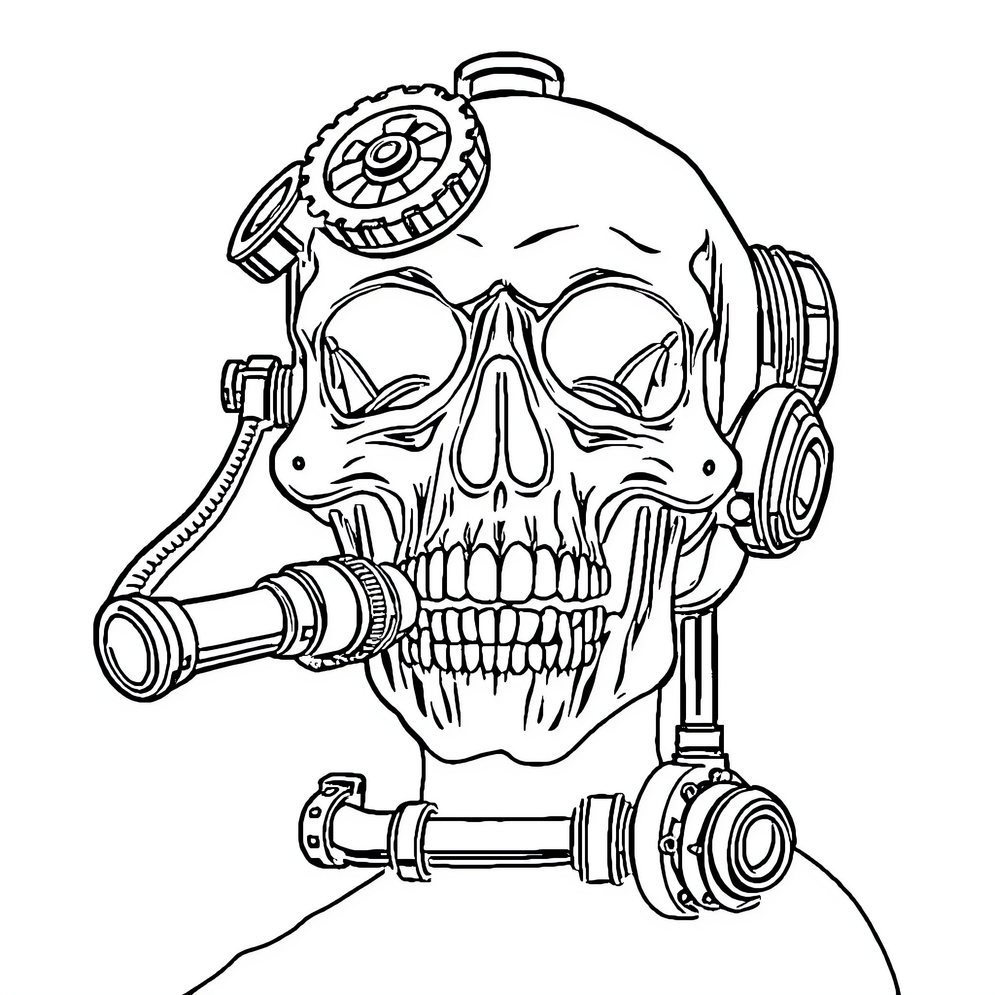 Skull with cyberpunk headgear and mechanical elements Coloring Page (free black-and-white line drawing printable PDF for all, from beginners to advanced learners, including children, teens, adults, and seniors)