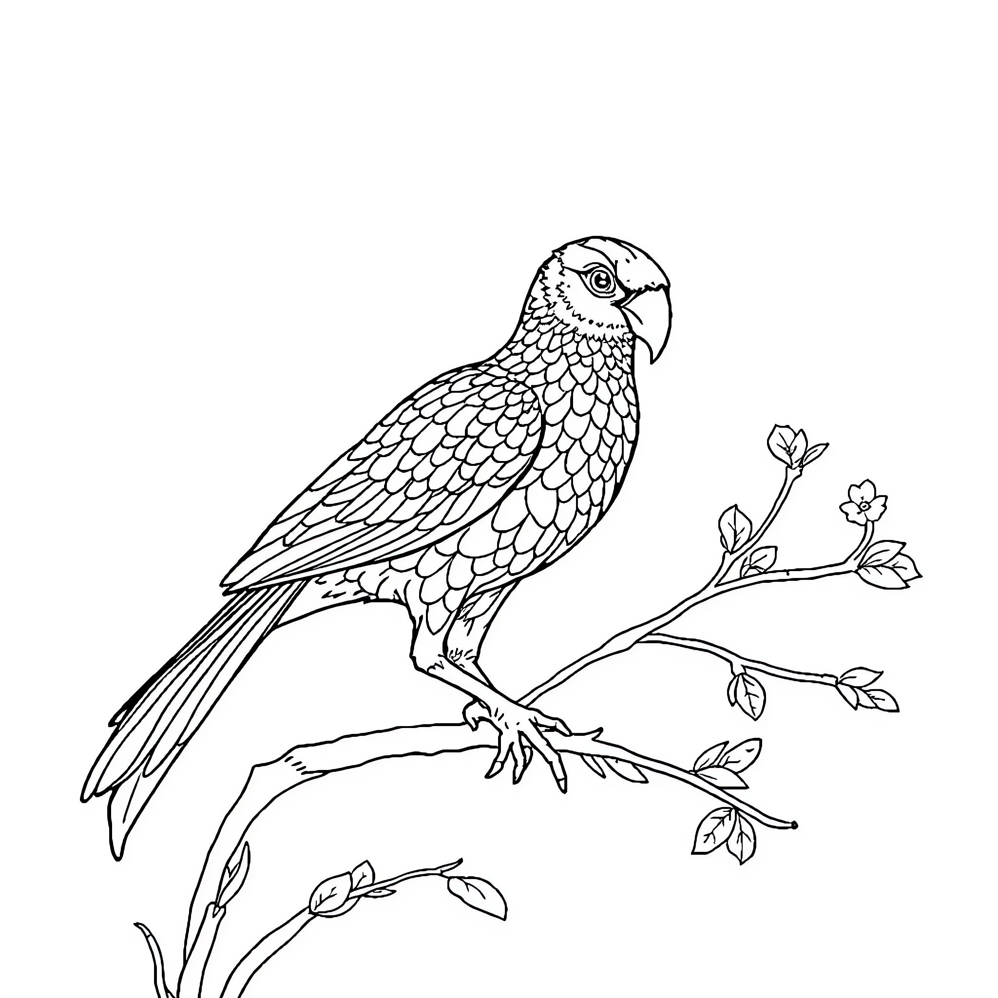 Garbage Truck carrying a perched parrot on a branch Coloring Page (free black-and-white line drawing printable PDF for all, from beginners to advanced learners, including children, teens, adults, and seniors)