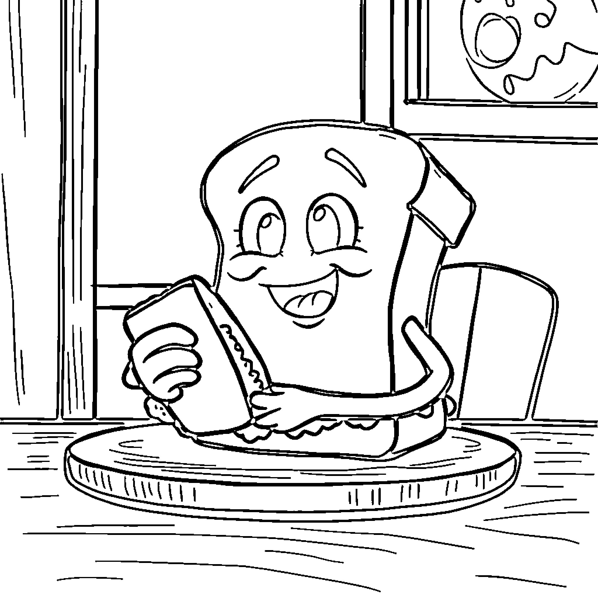 Sandwich character enjoying a snack Coloring Page (free black-and-white line drawing printable PDF for all, from beginners to advanced learners, including children, teens, adults, and seniors)