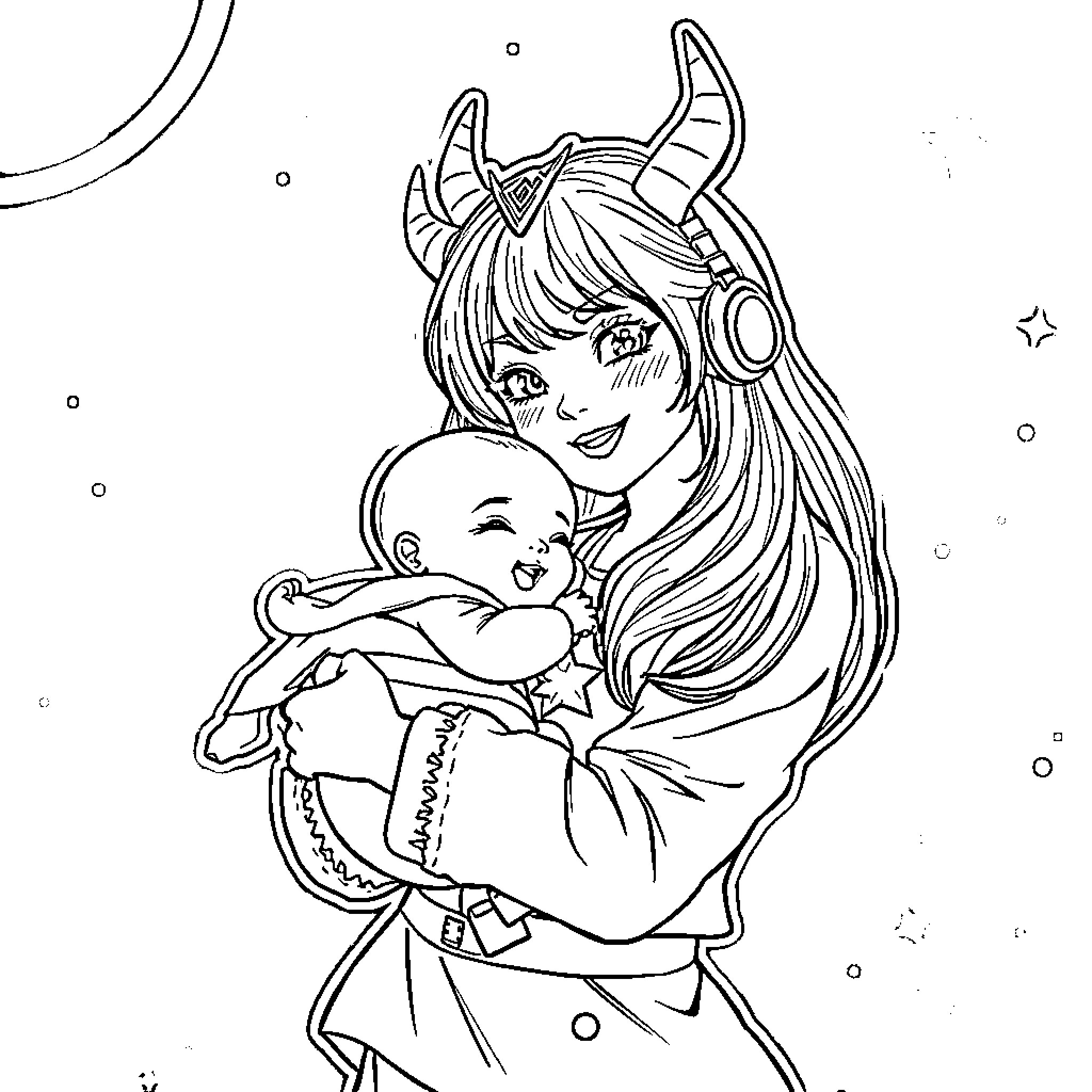 Zoey's Magical Embrace Coloring Page (free black-and-white line drawing printable PDF for all, from beginners to advanced learners, including children, teens, adults, and seniors)