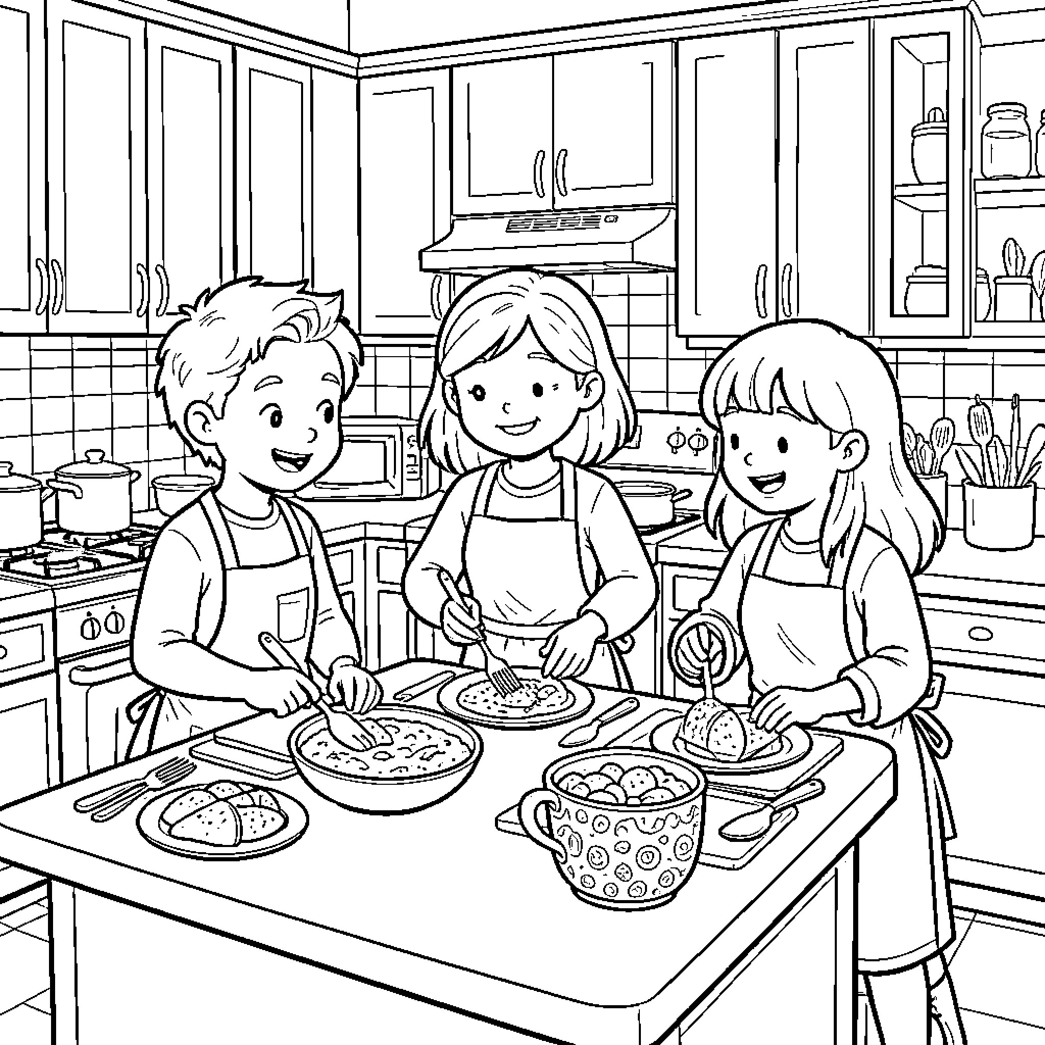 Triplets happily preparing and serving food in the kitchen Coloring Page (free black-and-white line drawing printable PDF for all, from beginners to advanced learners, including children, teens, adults, and seniors)
