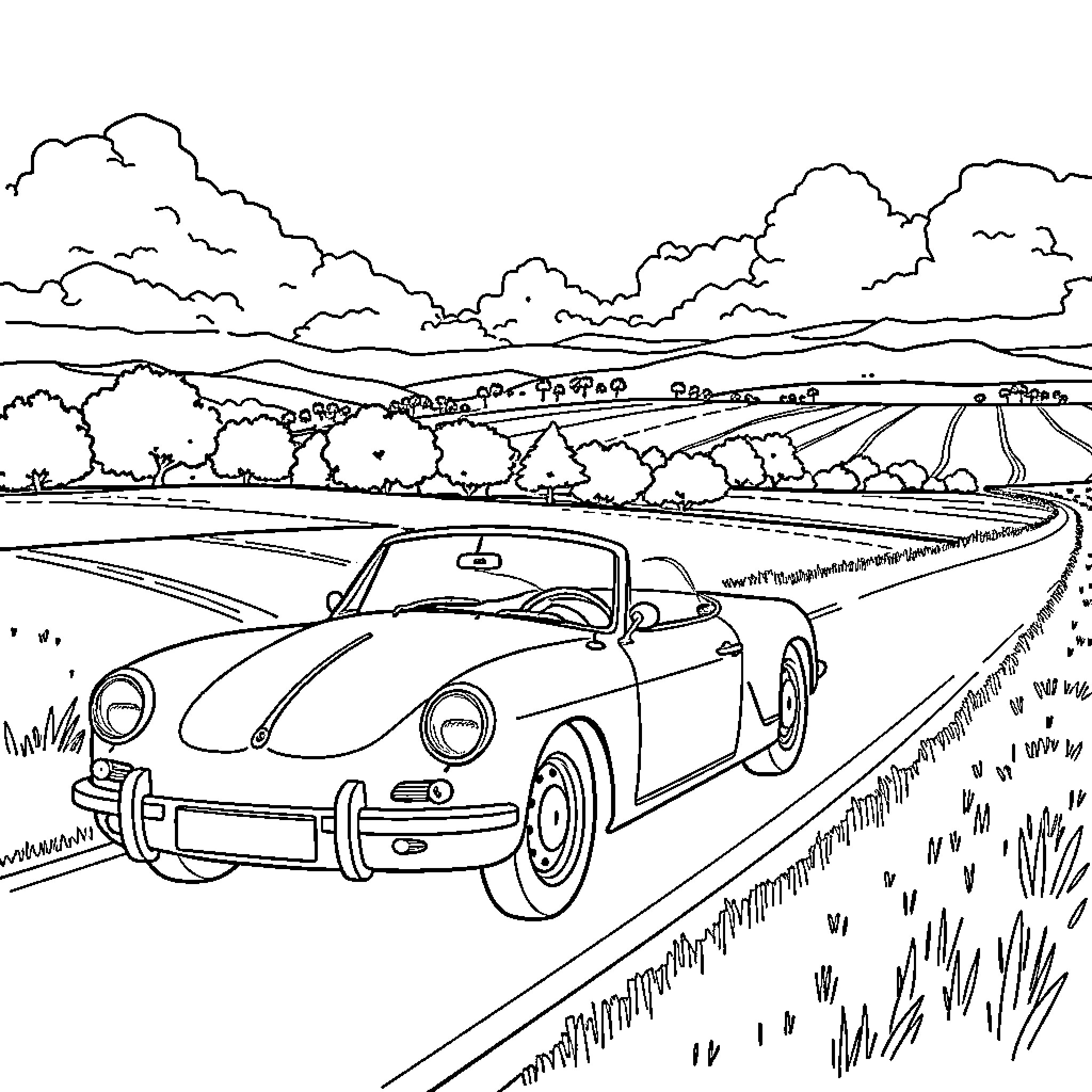 Car driving on a scenic country road Coloring Page (free black-and-white line drawing printable PDF for all, from beginners to advanced learners, including children, teens, adults, and seniors)