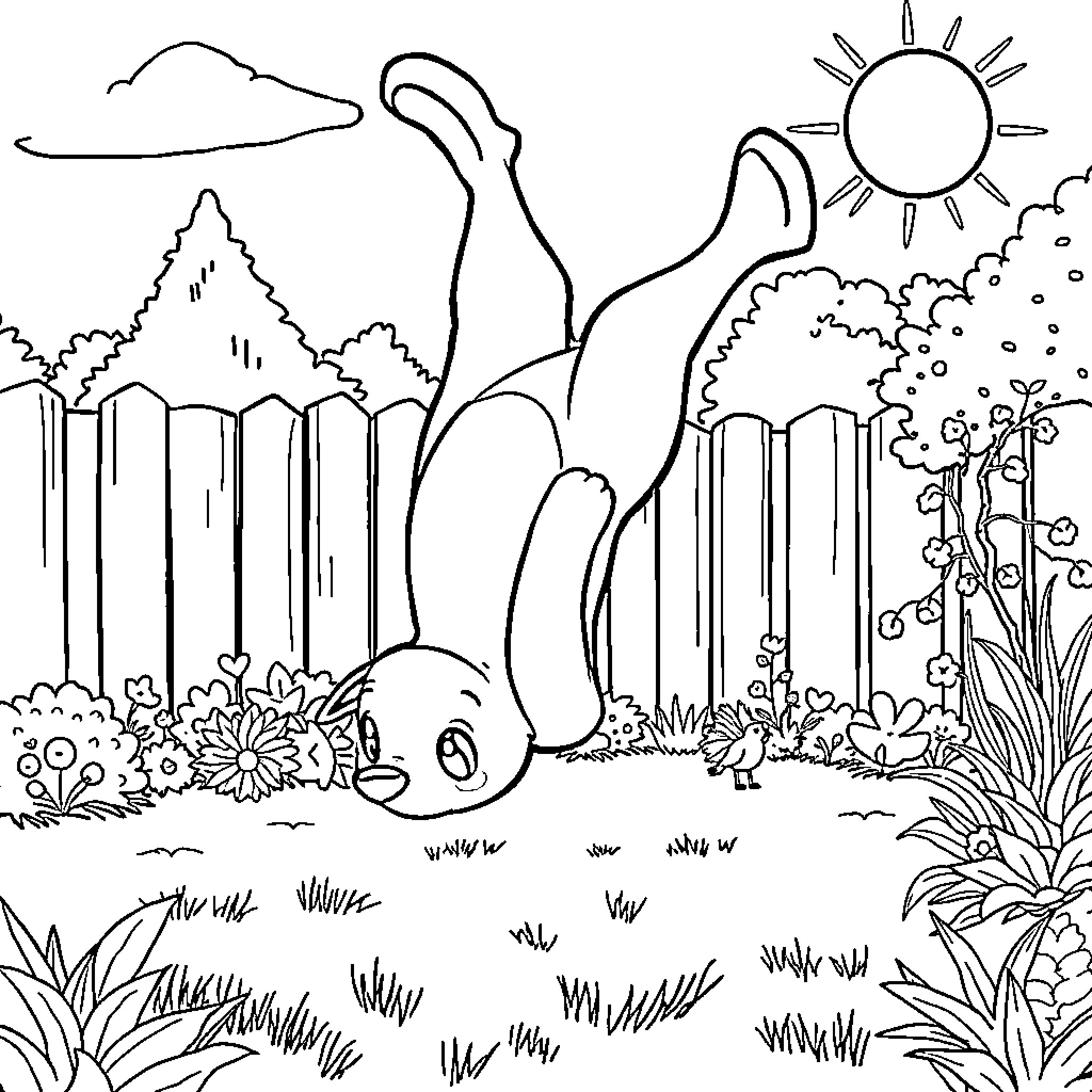 Bluey playing in the whimsical garden Coloring Page (free black-and-white line drawing printable PDF for all, from beginners to advanced learners, including children, teens, adults, and seniors)