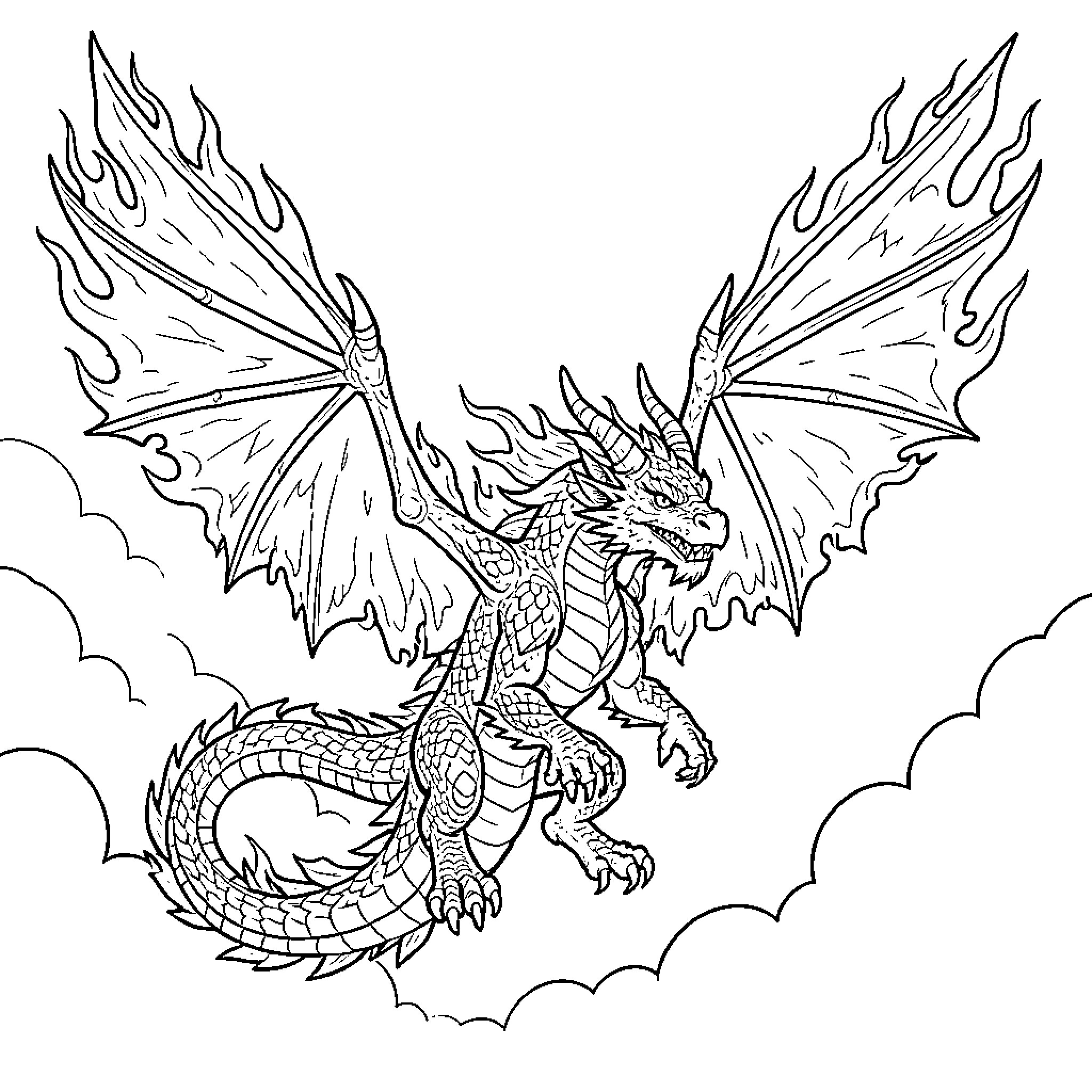 Fire Dragon soaring through the cloudy skies Coloring Page (free black-and-white line drawing printable PDF for all, from beginners to advanced learners, including children, teens, adults, and seniors)