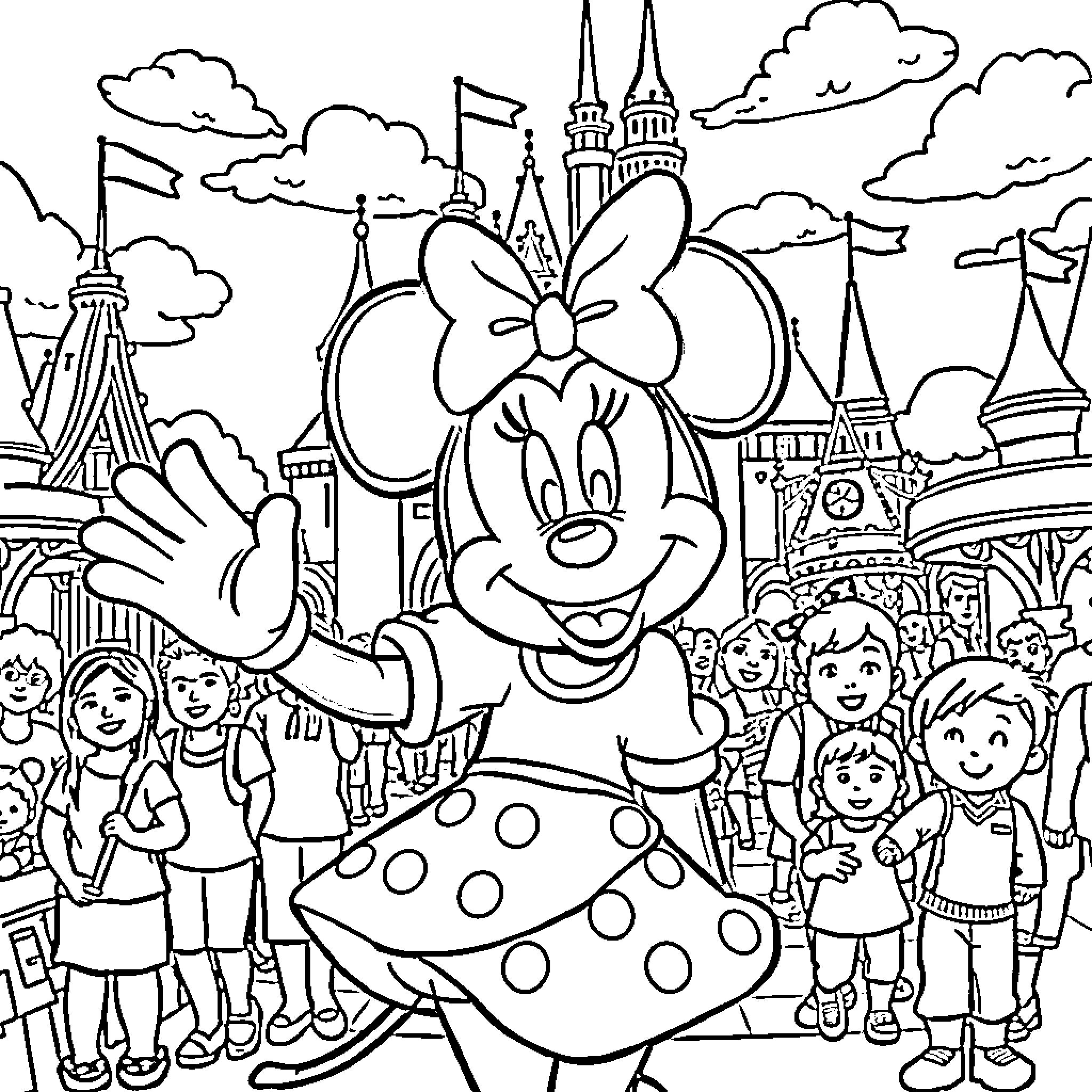 Minnie Mouse waving and interacting with happy children at the castle Coloring Page (free black-and-white line drawing printable PDF for all, from beginners to advanced learners, including children, teens, adults, and seniors)