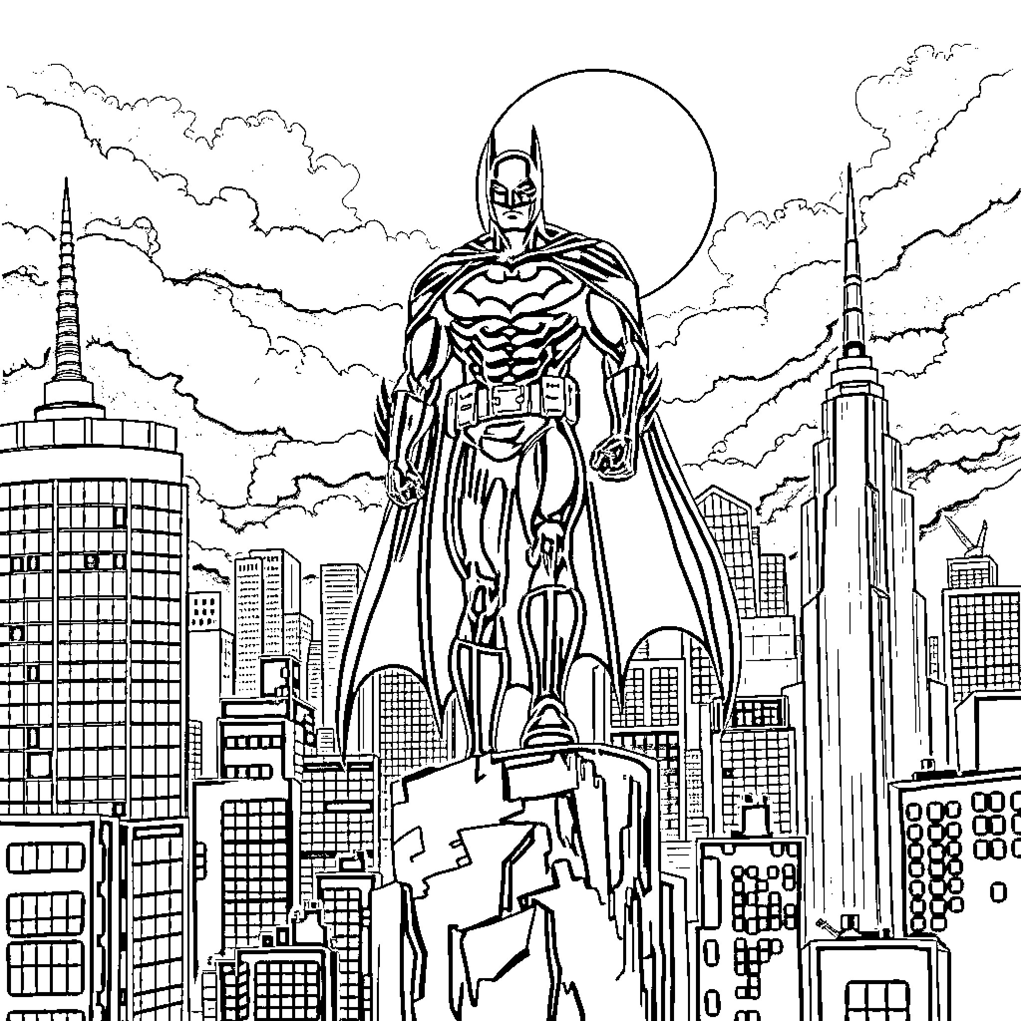 Batman's Heroic Silhouette over the City Skyline Coloring Page (free black-and-white line drawing printable PDF for all, from beginners to advanced learners, including children, teens, adults, and seniors)