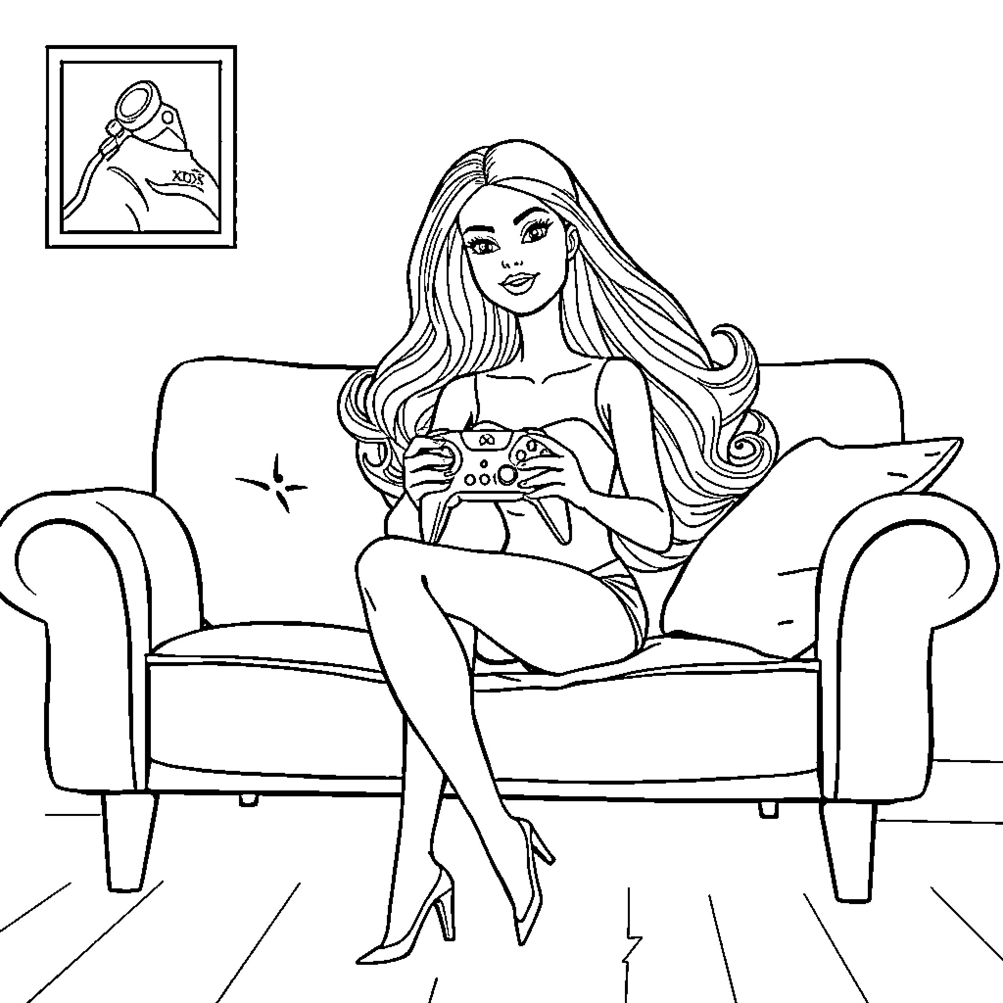 Barbie playing video games on the couch Coloring Page (free black-and-white line drawing printable PDF for all, from beginners to advanced learners, including children, teens, adults, and seniors)