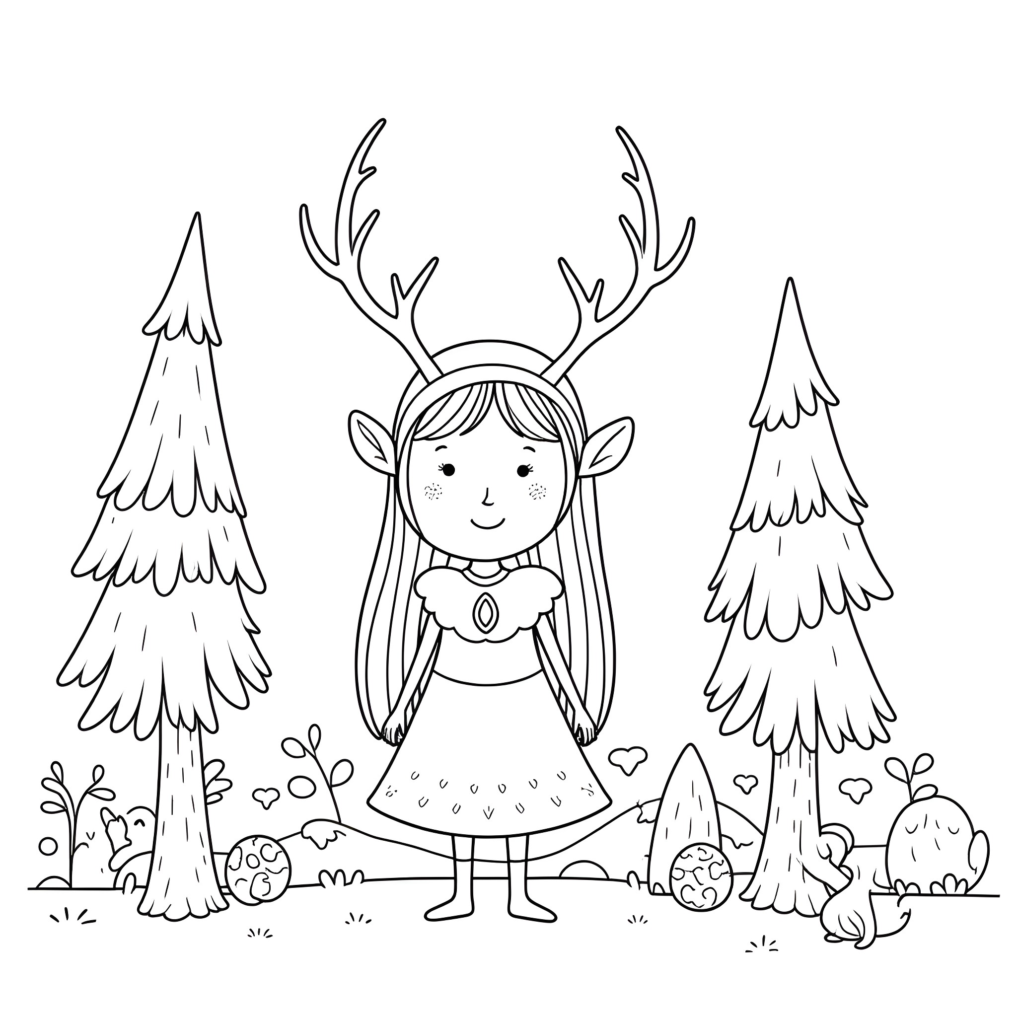 Elven Girl Exploring the Whimsical Forest Coloring Page (free black-and-white line drawing printable PDF for all, from beginners to advanced learners, including children, teens, adults, and seniors)
