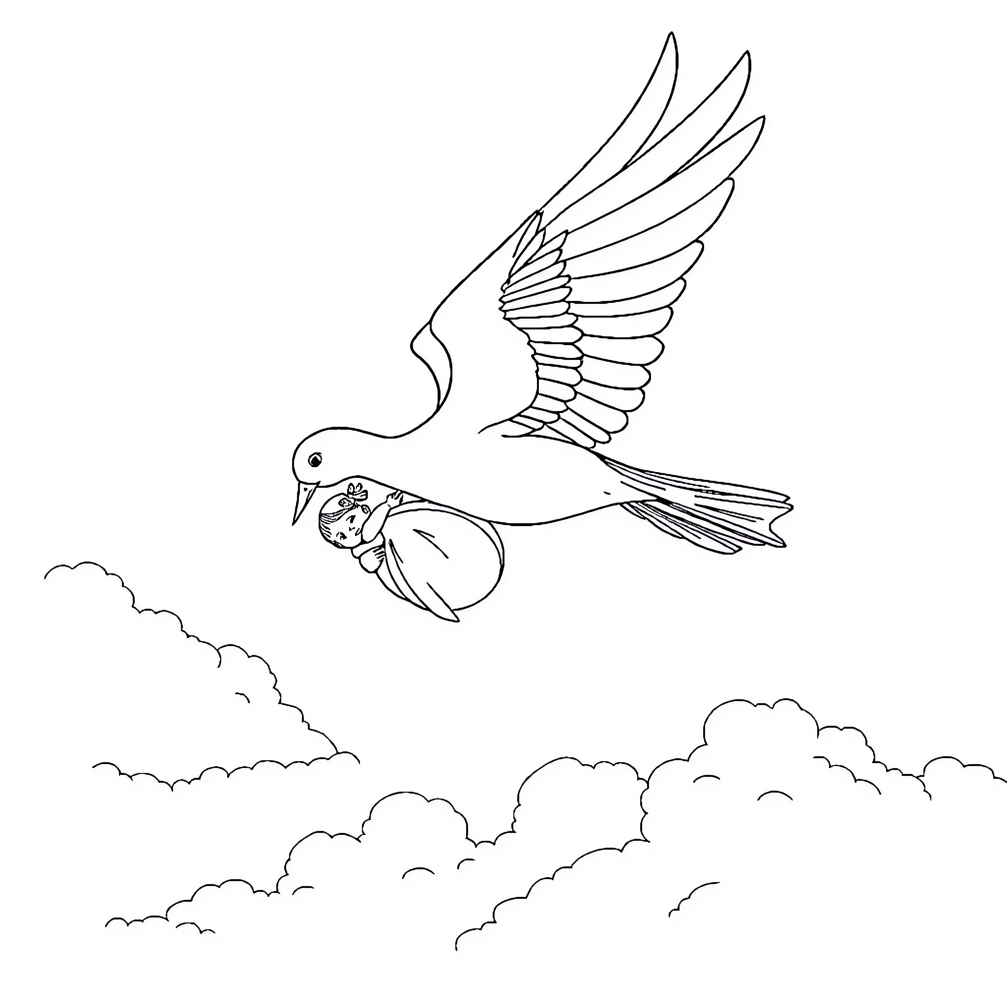 Stork carrying newborn baby in the sky Coloring Page (free black-and-white line drawing printable PDF for all, from beginners to advanced learners, including children, teens, adults, and seniors)