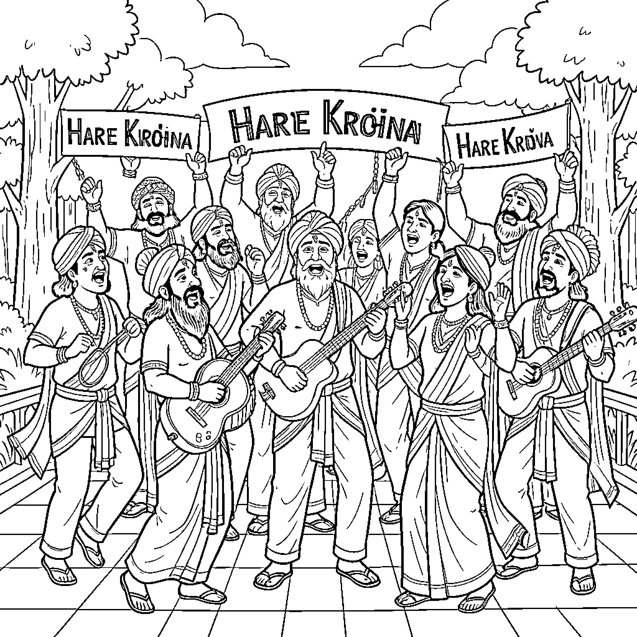 Hare Krishna devotees singing and holding banners together Coloring Page (free black-and-white line drawing printable PDF for all, from beginners to advanced learners, including children, teens, adults, and seniors)