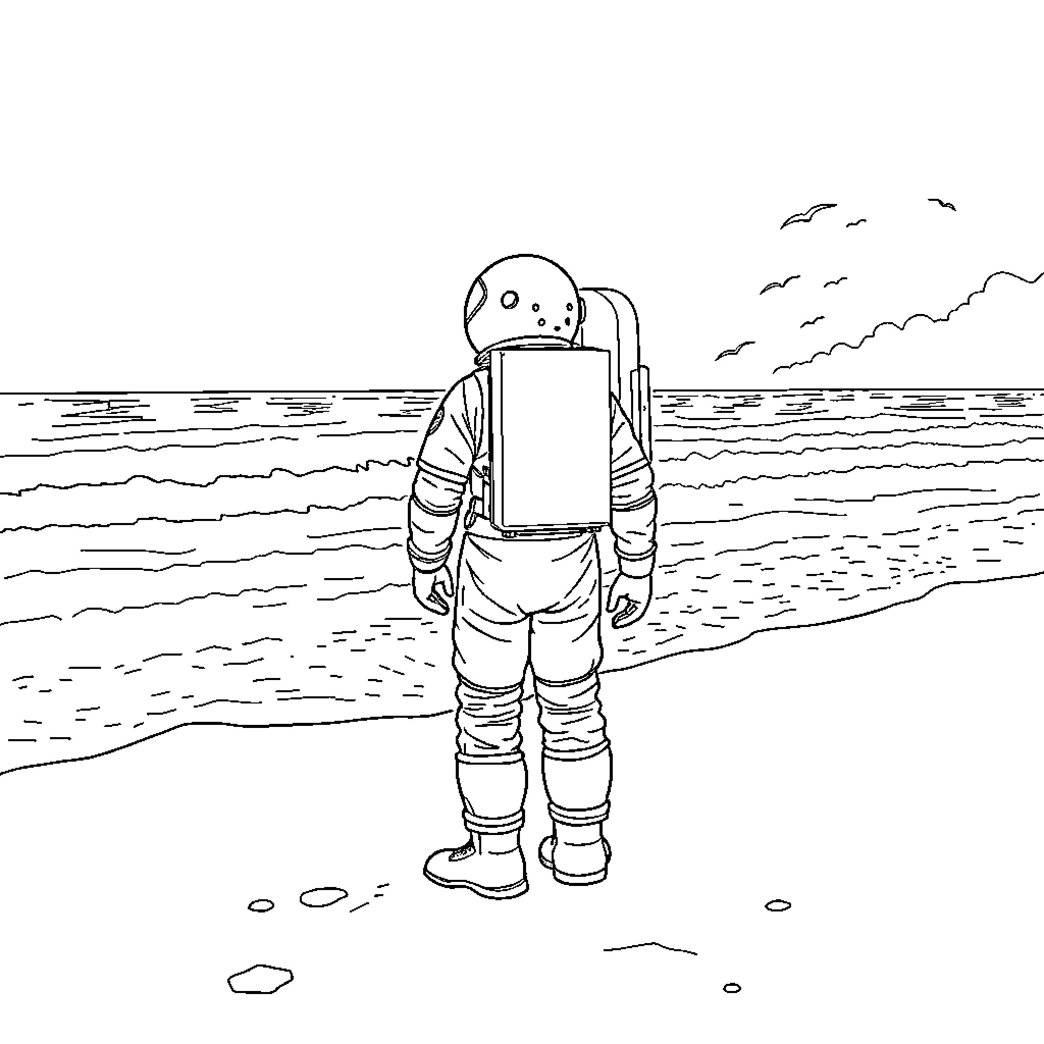 Astronaut exploring a tranquil seascape Coloring Page (free black-and-white line drawing printable PDF for all, from beginners to advanced learners, including children, teens, adults, and seniors)