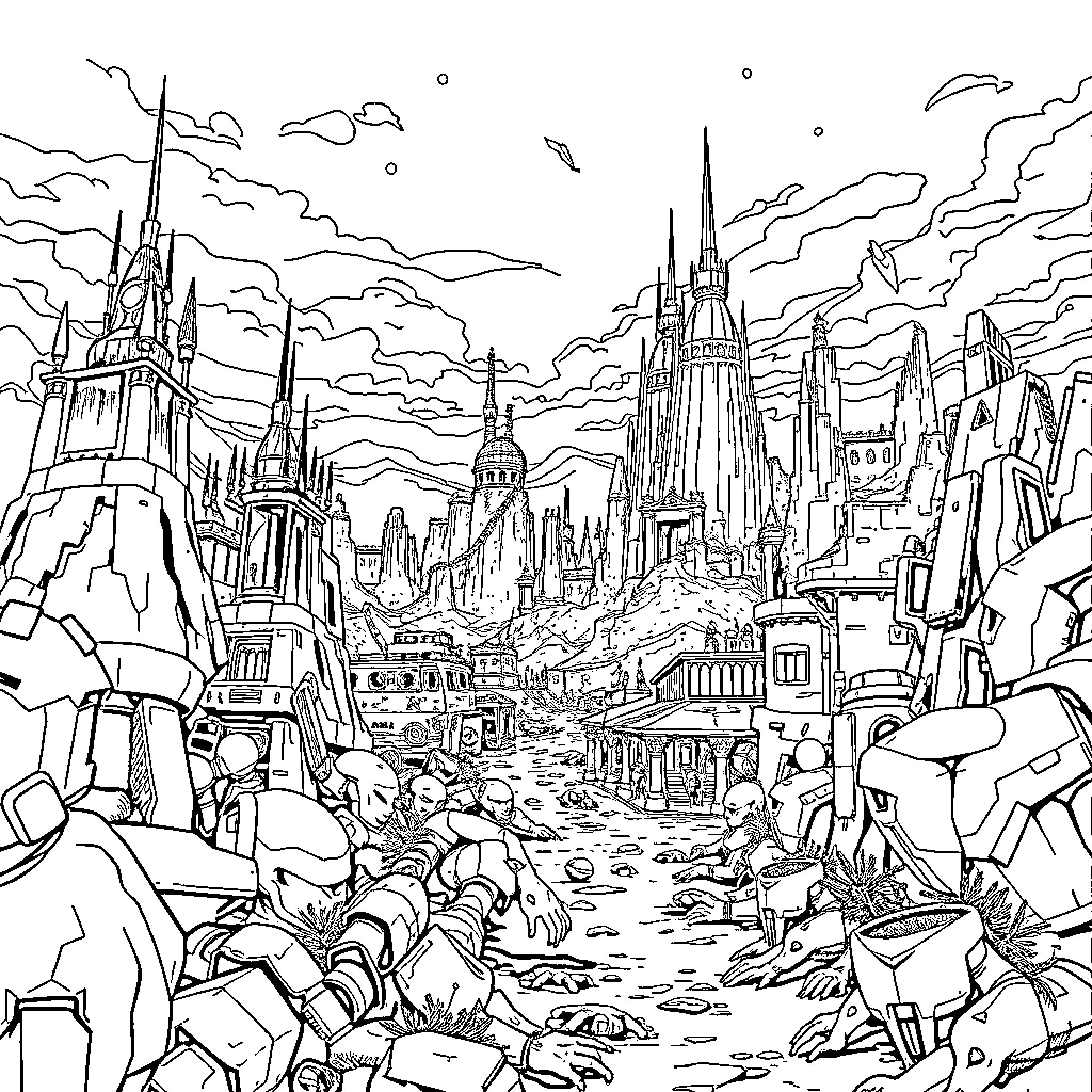 Fallout: Desolate Metropolis Amid Ruins and Destruction Coloring Page (free black-and-white line drawing printable PDF for all, from beginners to advanced learners, including children, teens, adults, and seniors)