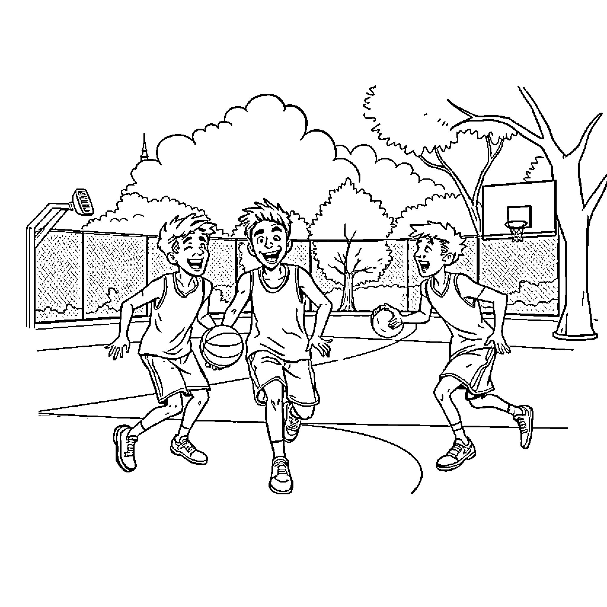 Freddy Faber's Friendly Basketball Game at the Park Coloring Page (free black-and-white line drawing printable PDF for all, from beginners to advanced learners, including children, teens, adults, and seniors)