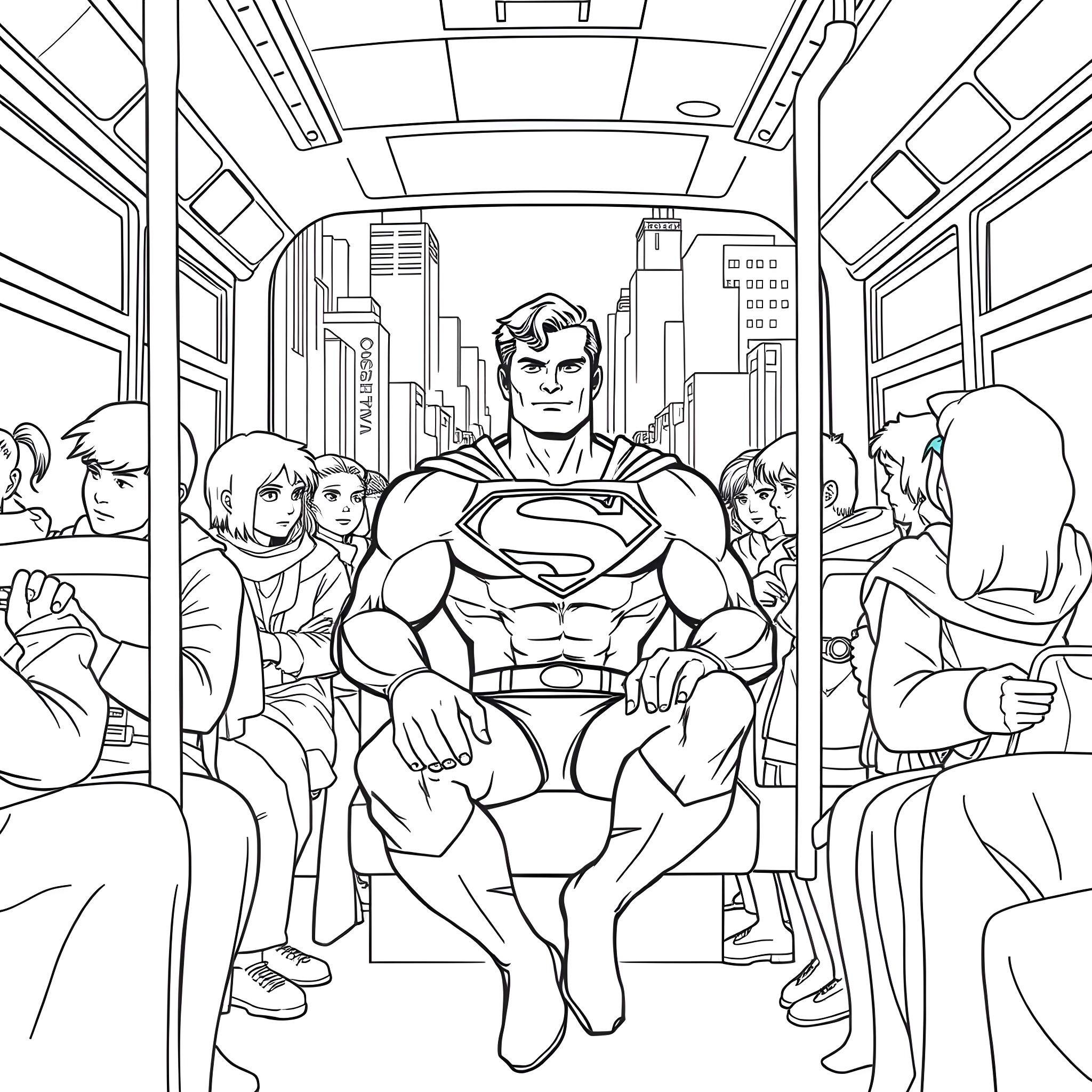 Superman traveling in a crowded city bus Coloring Page (free black-and-white line drawing printable PDF for all, from beginners to advanced learners, including children, teens, adults, and seniors)