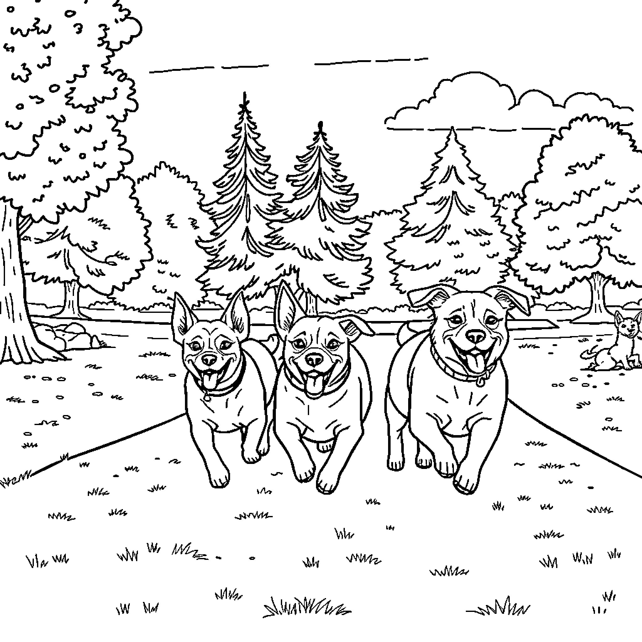 Dog trio running happily through the forest Coloring Page (free black-and-white line drawing printable PDF for all, from beginners to advanced learners, including children, teens, adults, and seniors)