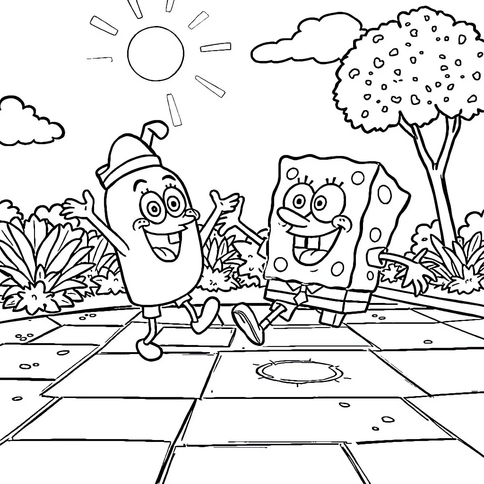Spongebob and Patrick Explore the Outdoors Coloring Page (free black-and-white line drawing printable PDF for all, from beginners to advanced learners, including children, teens, adults, and seniors)