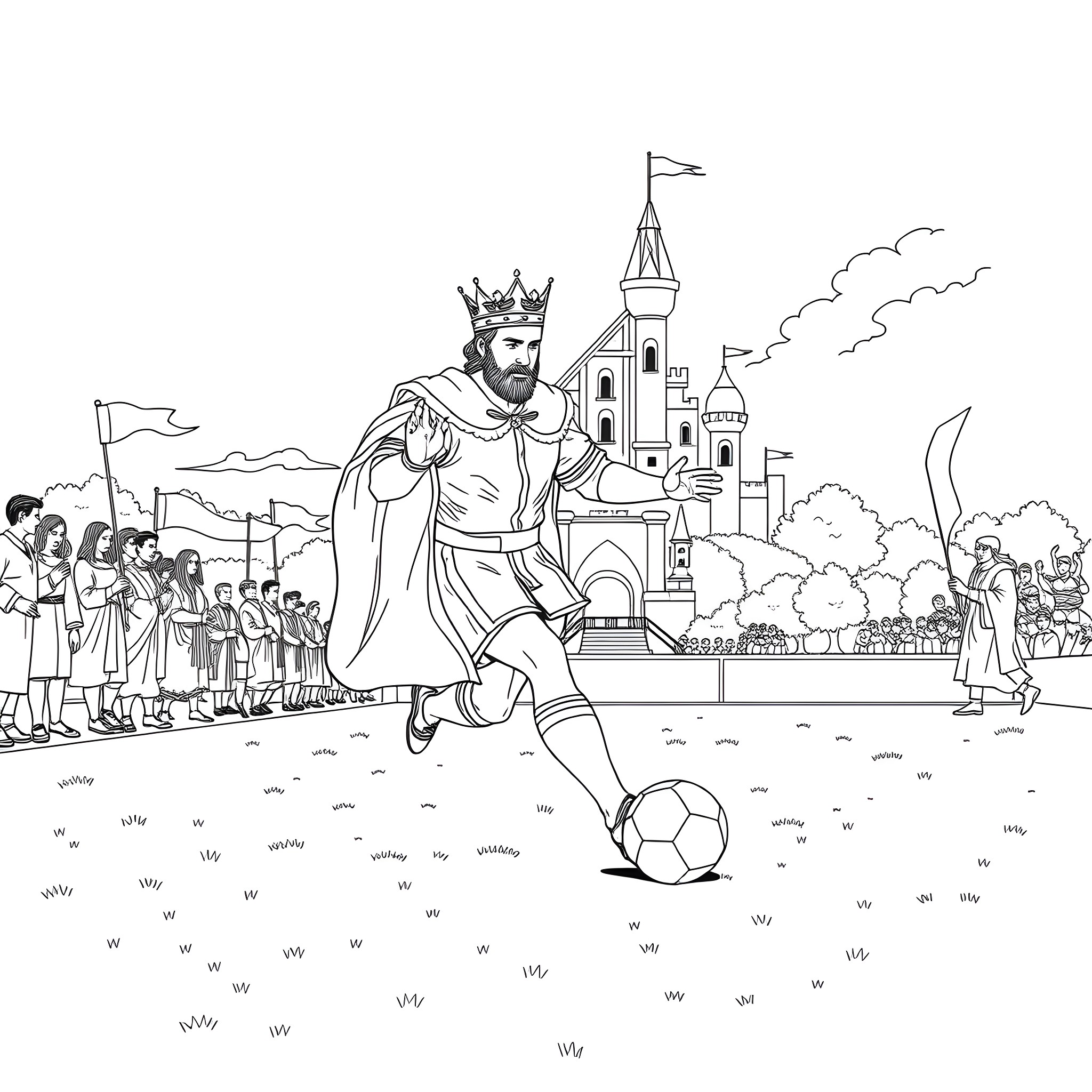 King playing soccer in front of castle Coloring Page (free black-and-white line drawing printable PDF for all, from beginners to advanced learners, including children, teens, adults, and seniors)