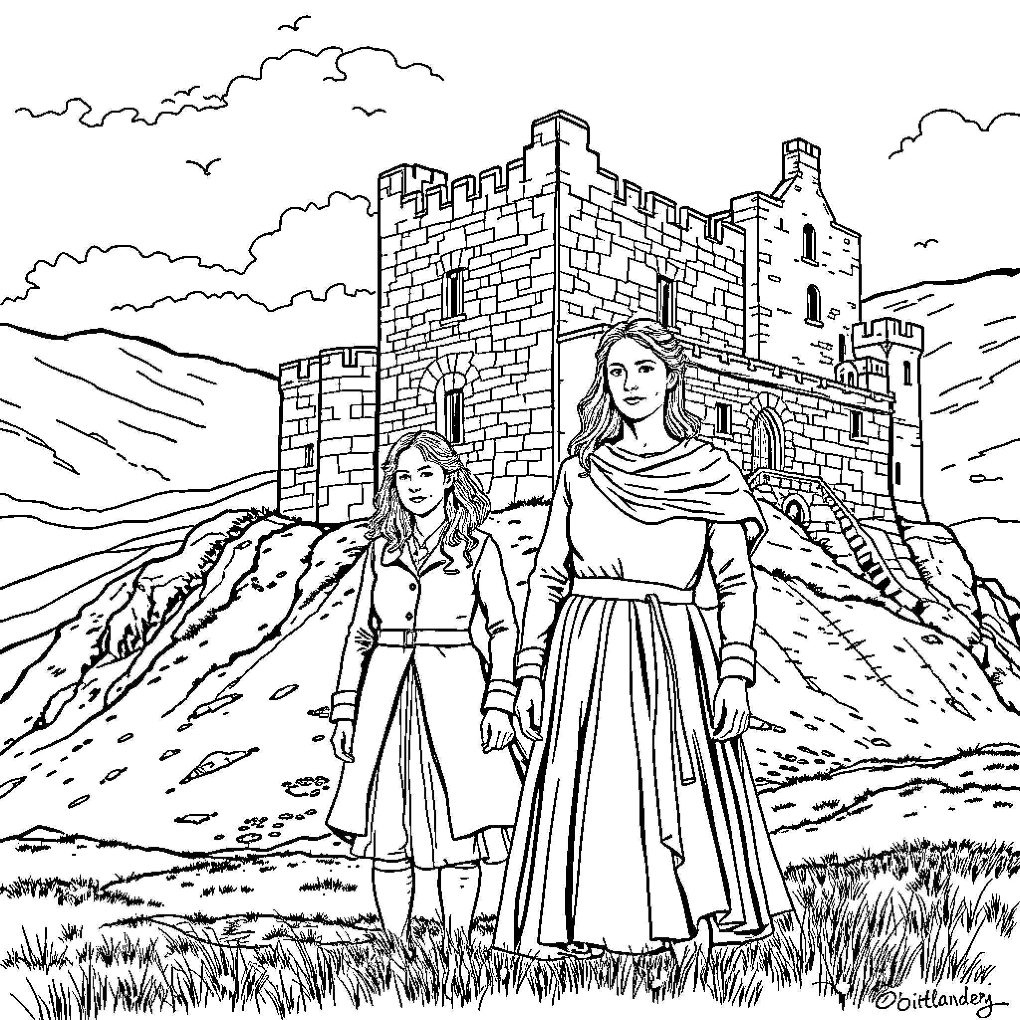 Jamie and Claire exploring the castle ruins Coloring Page (free black-and-white line drawing printable PDF for all, from beginners to advanced learners, including children, teens, adults, and seniors)