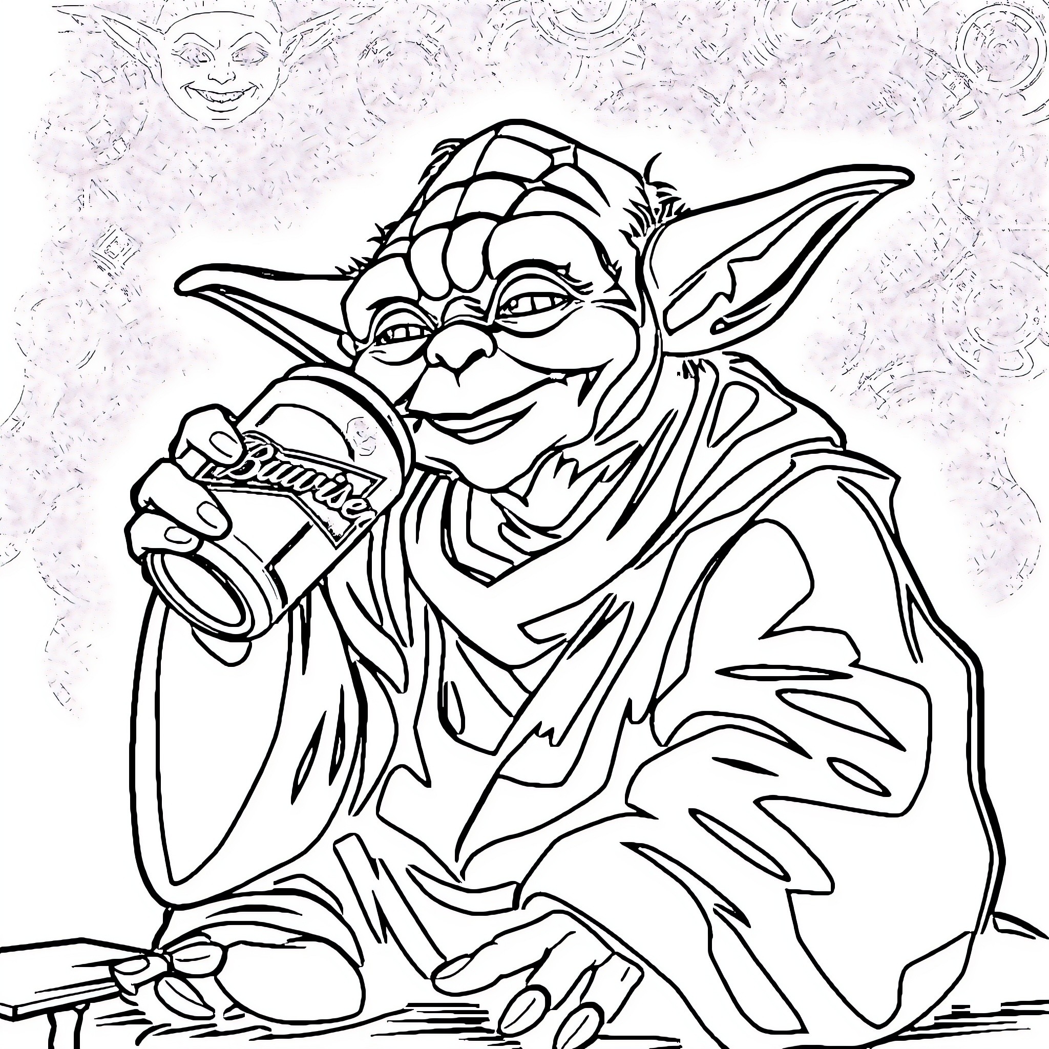 Yoda using the Force with a playful expression Coloring Page (free black-and-white line drawing printable PDF for all, from beginners to advanced learners, including children, teens, adults, and seniors)