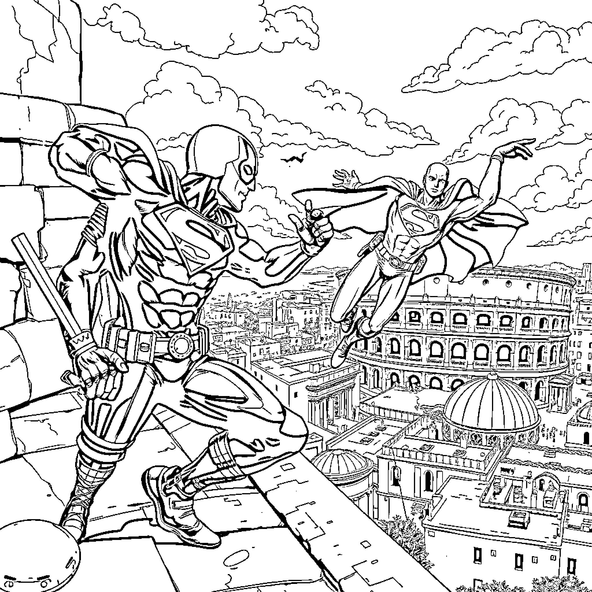 Superman facing off against a powerful villain in an epic city battle Coloring Page (free black-and-white line drawing printable PDF for all, from beginners to advanced learners, including children, teens, adults, and seniors)