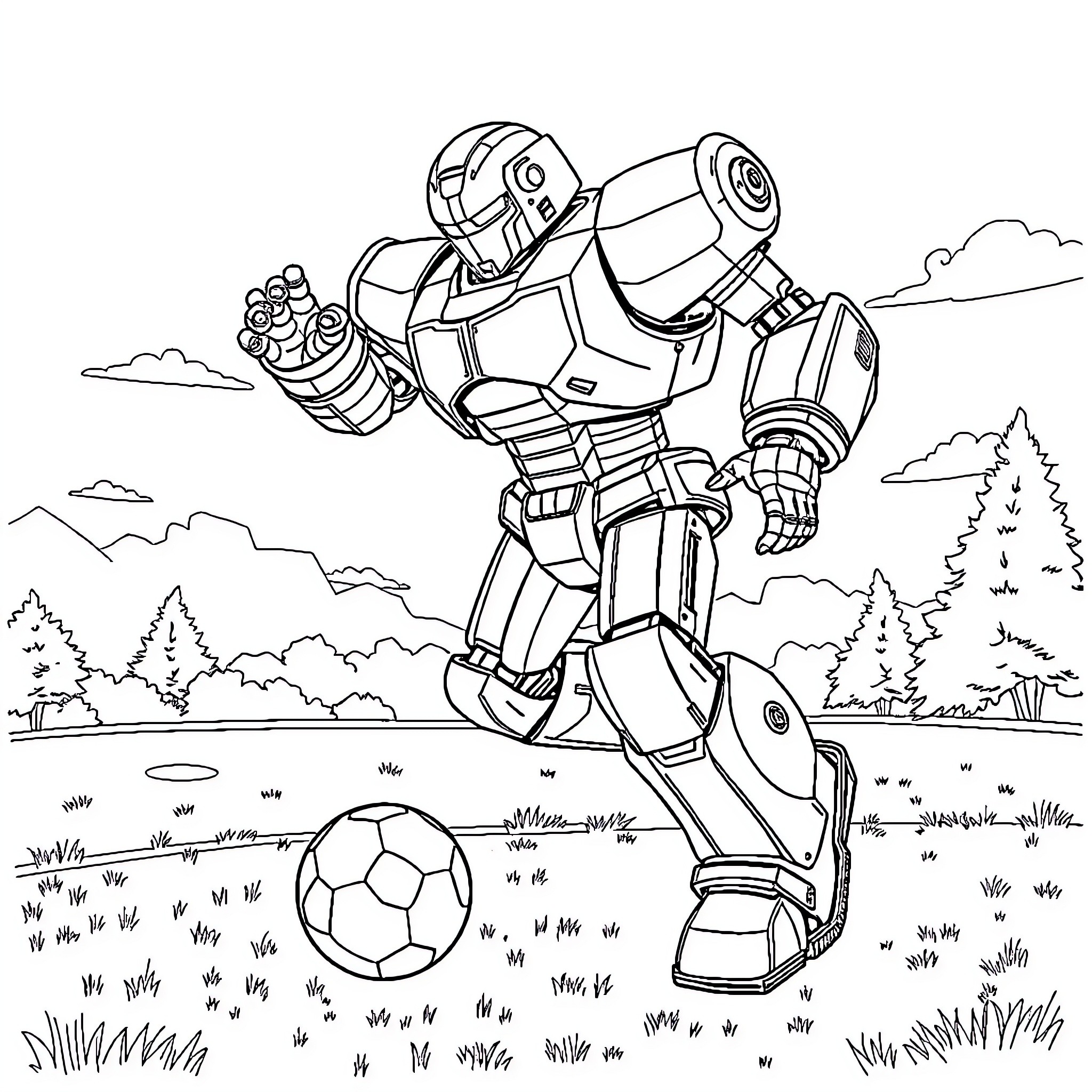 Goldorak playing with a soccer ball in the park Coloring Page (free black-and-white line drawing printable PDF for all, from beginners to advanced learners, including children, teens, adults, and seniors)