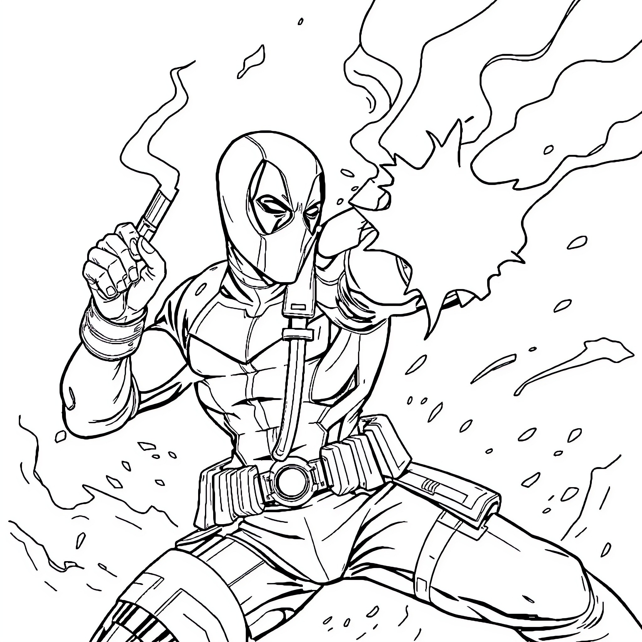 Deadpool in action with weapons and explosions Coloring Page (free black-and-white line drawing printable PDF for all, from beginners to advanced learners, including children, teens, adults, and seniors)